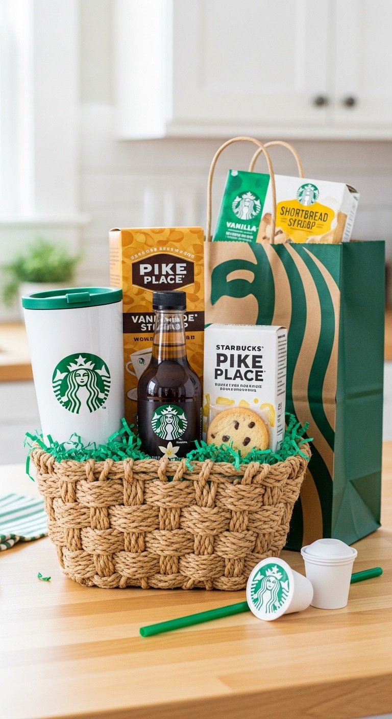 Starbucks at-home barista coffee gift basket for women with reusable tumbler K-Cups vanilla syrup and shortbread cookies