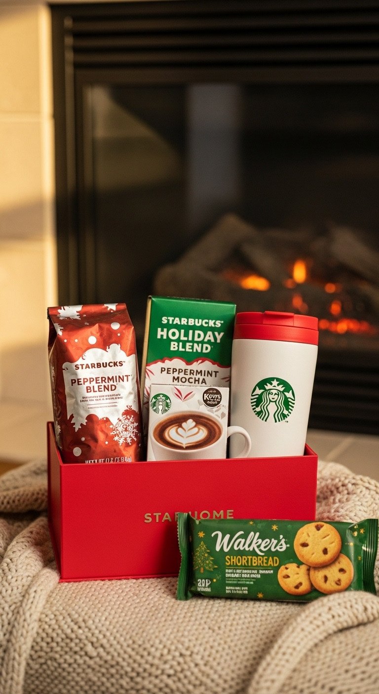 Starbucks at-home holiday gift basket with Holiday Blend coffee Peppermint Mocha K-Cups branded tumbler and shortbread cookies