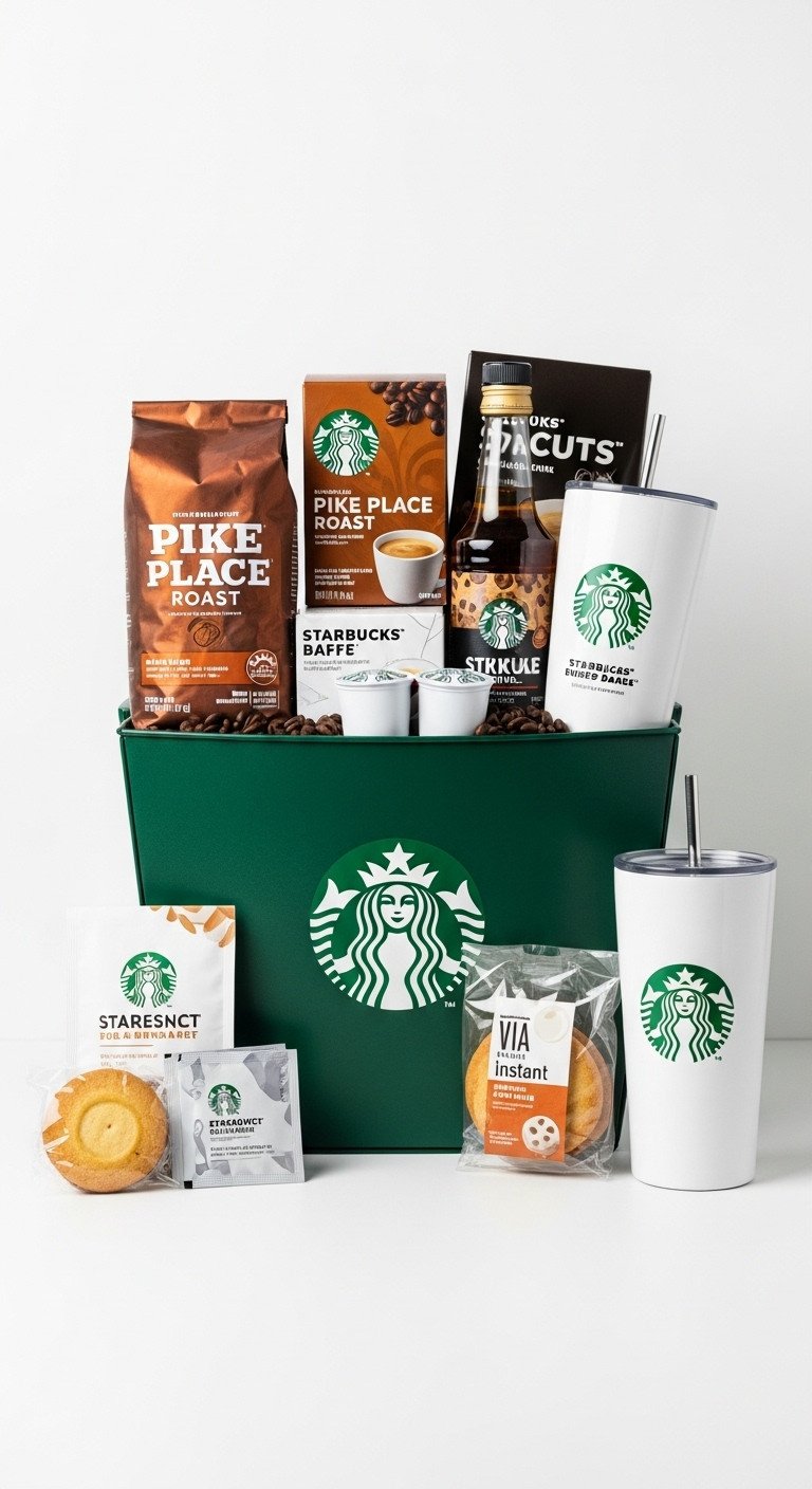 Starbucks branded gift basket filled with Pike Place Roast K-Cups syrups and a classic tumbler with cookies and instant packets