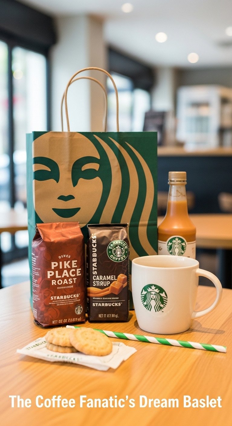 Starbucks gift bag filled with Pike Place Roast beans, logo mug, caramel syrup, and gift card on a light wood table