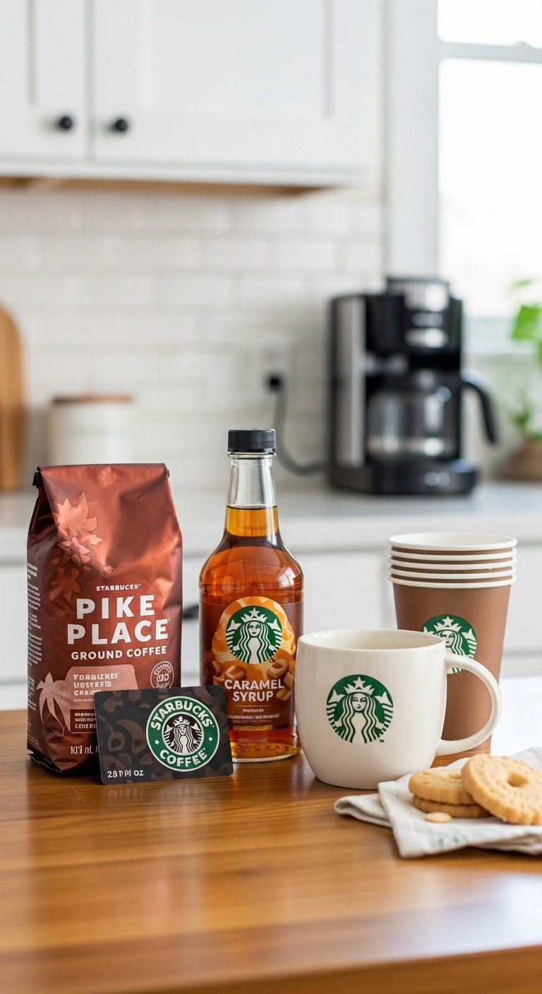 Starbucks-themed coffee gift basket with Pike Place coffee mug caramel syrup and shortbread on a wooden table