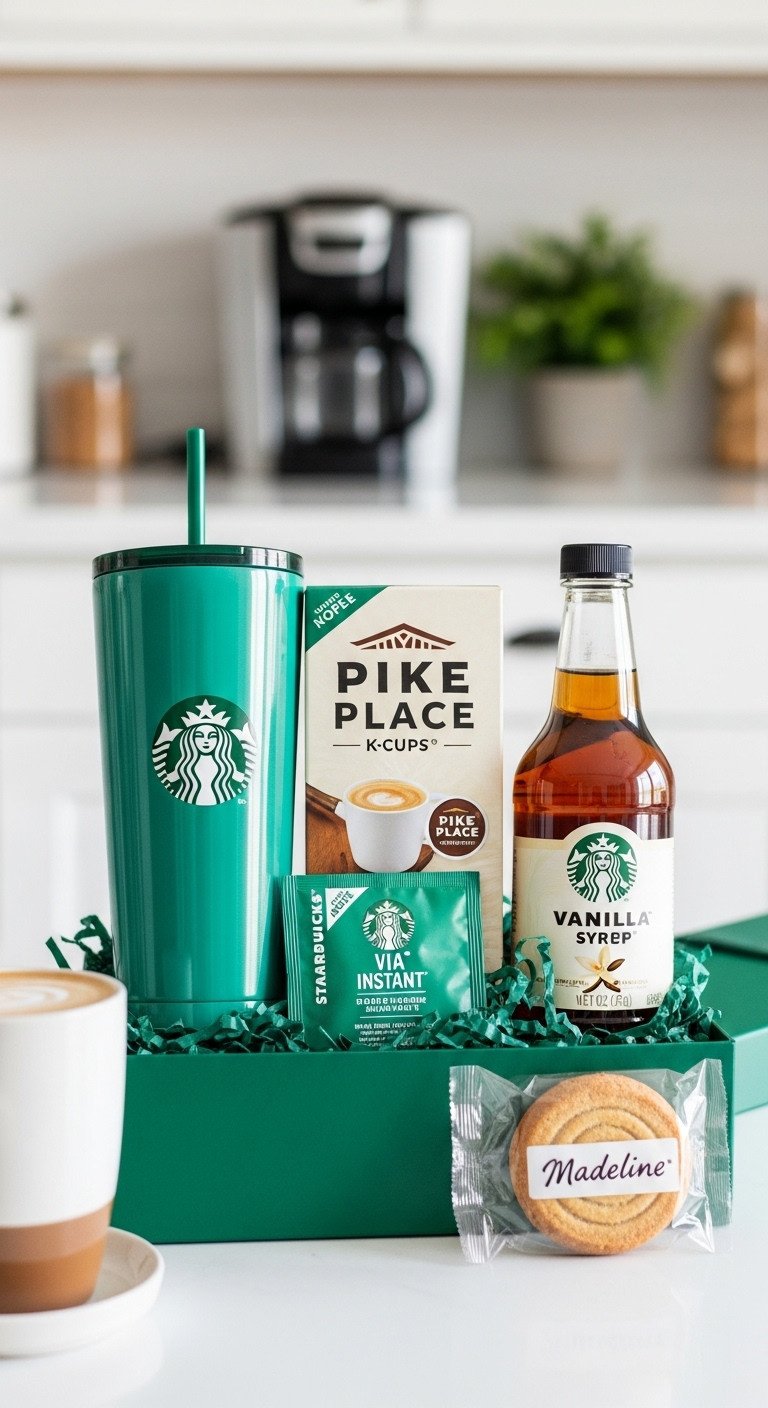 Starbucks themed coffee gift basket with reusable tumbler Pike Place K-Cups and vanilla syrup in green gift box