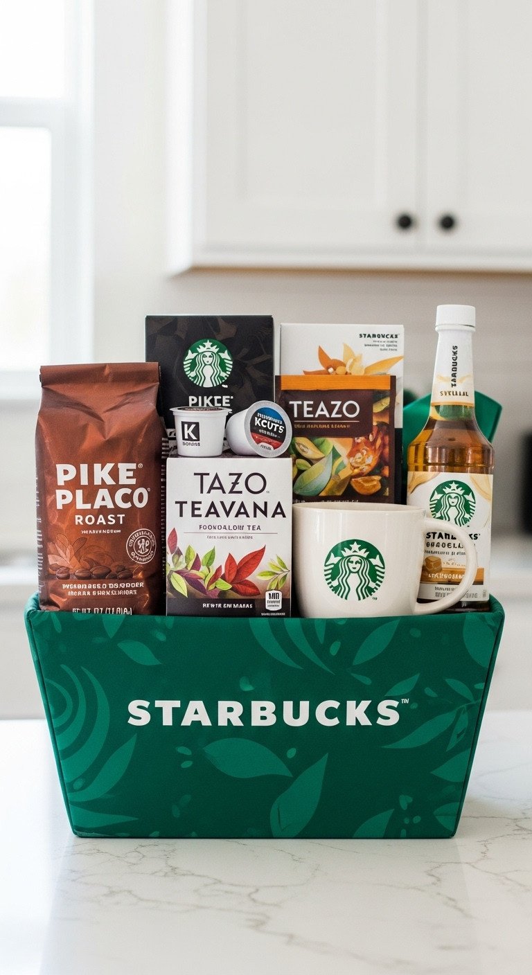 Starbucks themed gift basket with Pike Place Roast K-Cups Tazo Teavana teas logo mug and flavored syrup