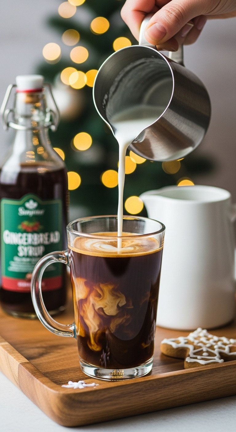 Steamed milk pouring into a tall glass mug with espresso and gingerbread syrup, creating layered Christmas coffee.