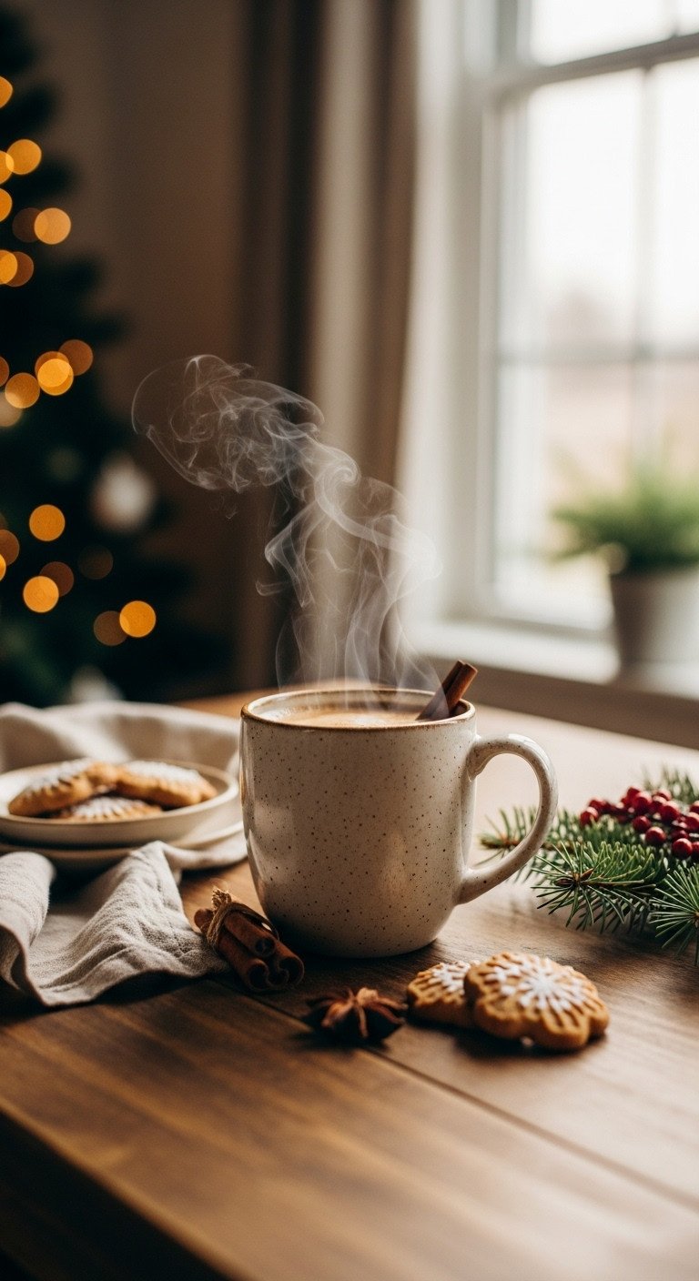 Steaming Christmas coffee mug on a wooden table by a window with soft light pine bough cinnamon sticks and festive cookies