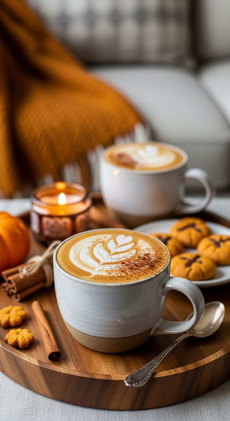 Steaming DIY Trader Joe's Pumpkin Spice Latte with leaf latte art, pumpkin cookies, and cinnamon stick on a rustic tray. Cozy autumn drink.