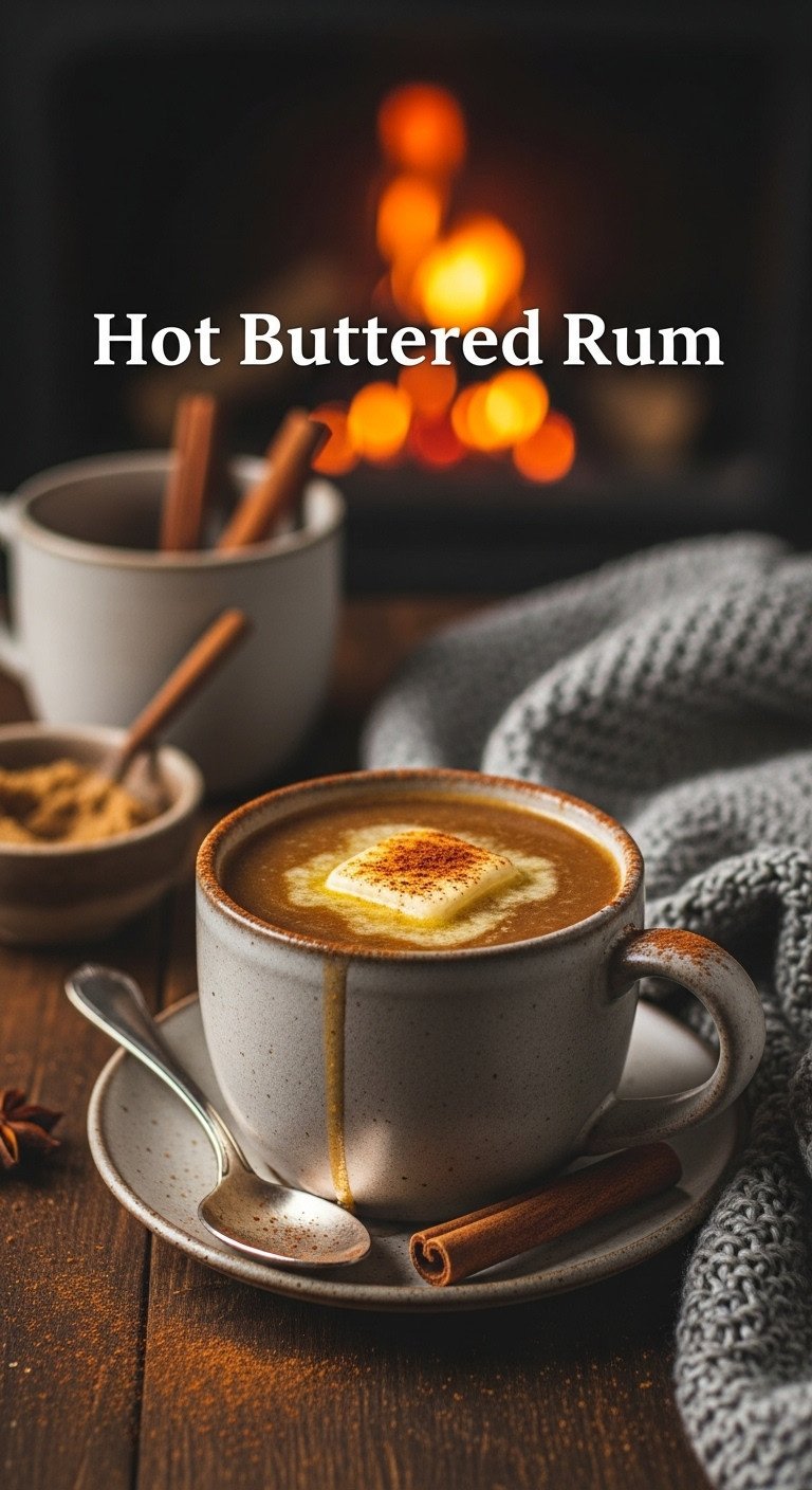 Steaming Hot Buttered Rum in a rustic ceramic mug with spiced butter melting on a dark wooden surface by a blurred fireplace