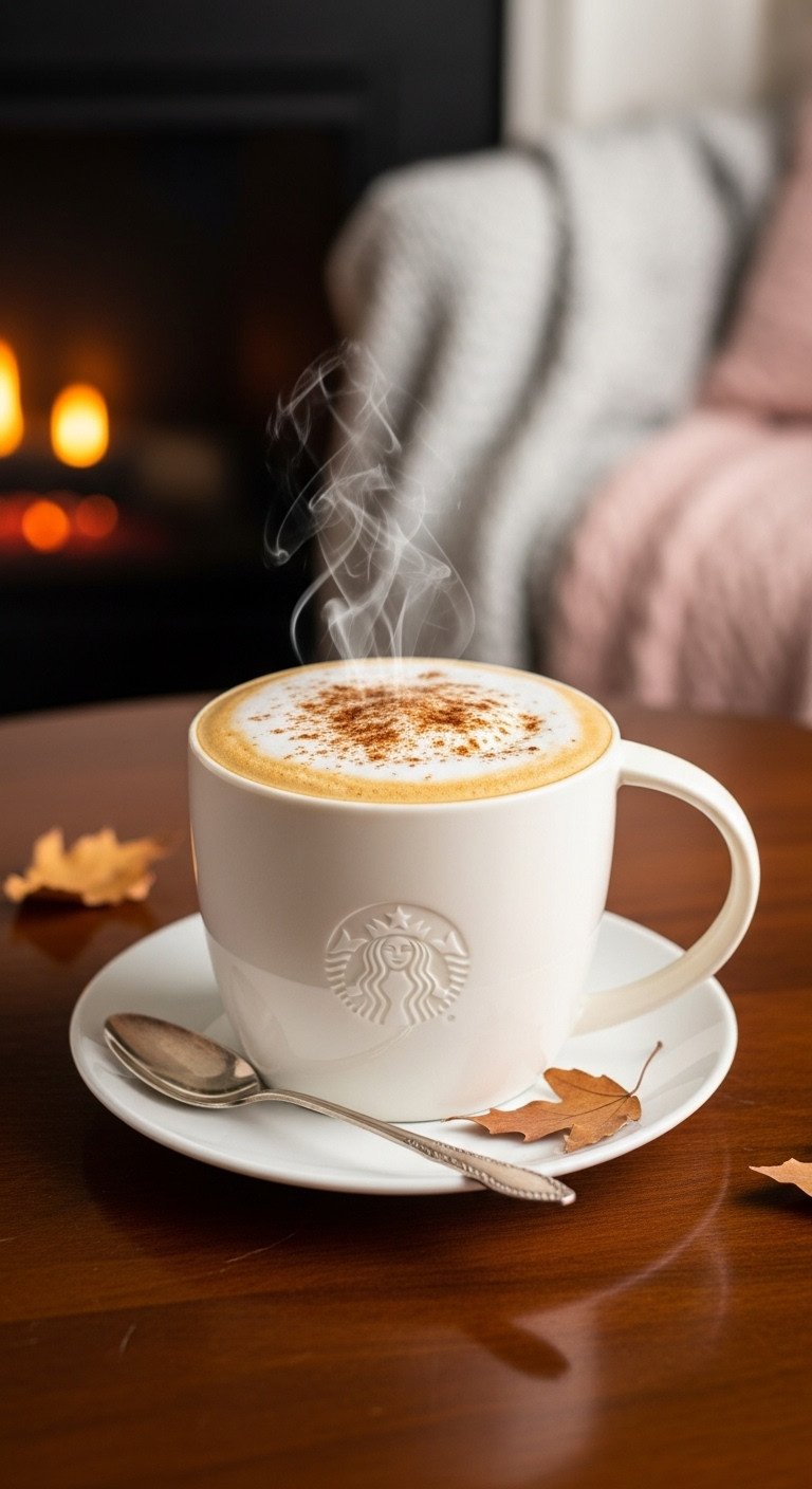 Steaming Hot Pumpkin Spice Latte in Starbucks mug, frothy foam, pumpkin spice. Cozy low calorie fall coffee by a fireplace.