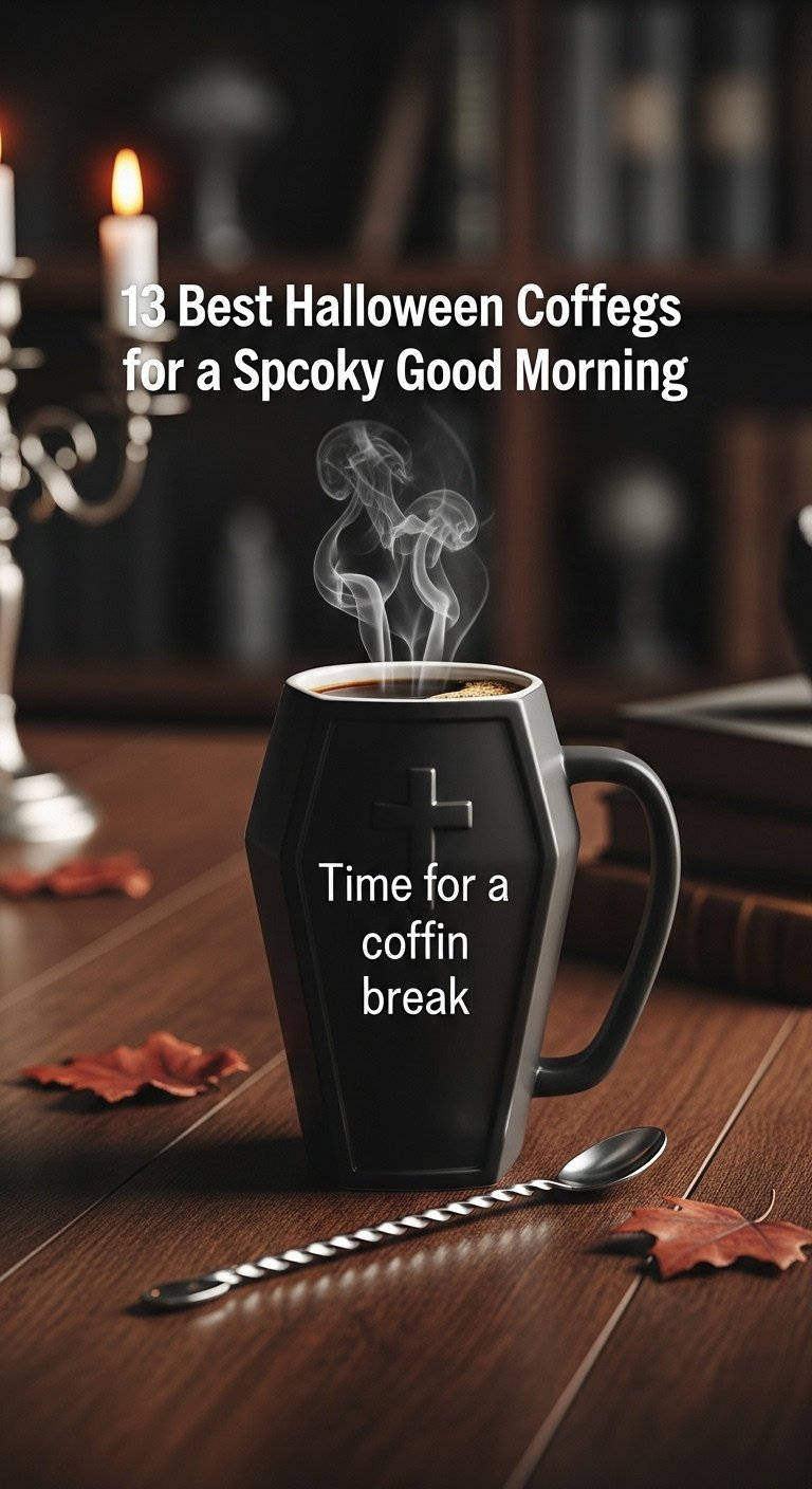 Steaming black coffee in a stylish coffin-shaped mug on a dark wooden desk with blurred gothic office decor and autumn leaves