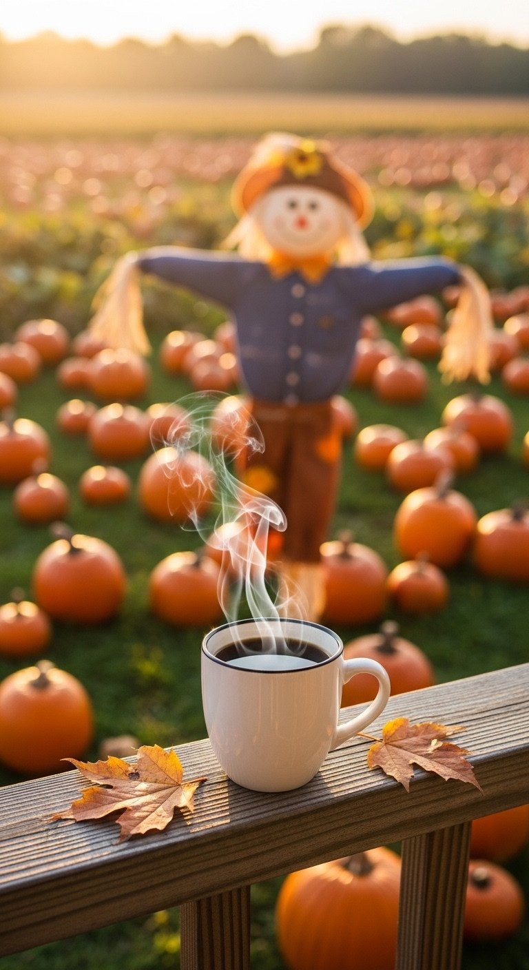Steaming coffee mug on rustic porch railing with a friendly scarecrow in a pumpkin patch under warm morning sun