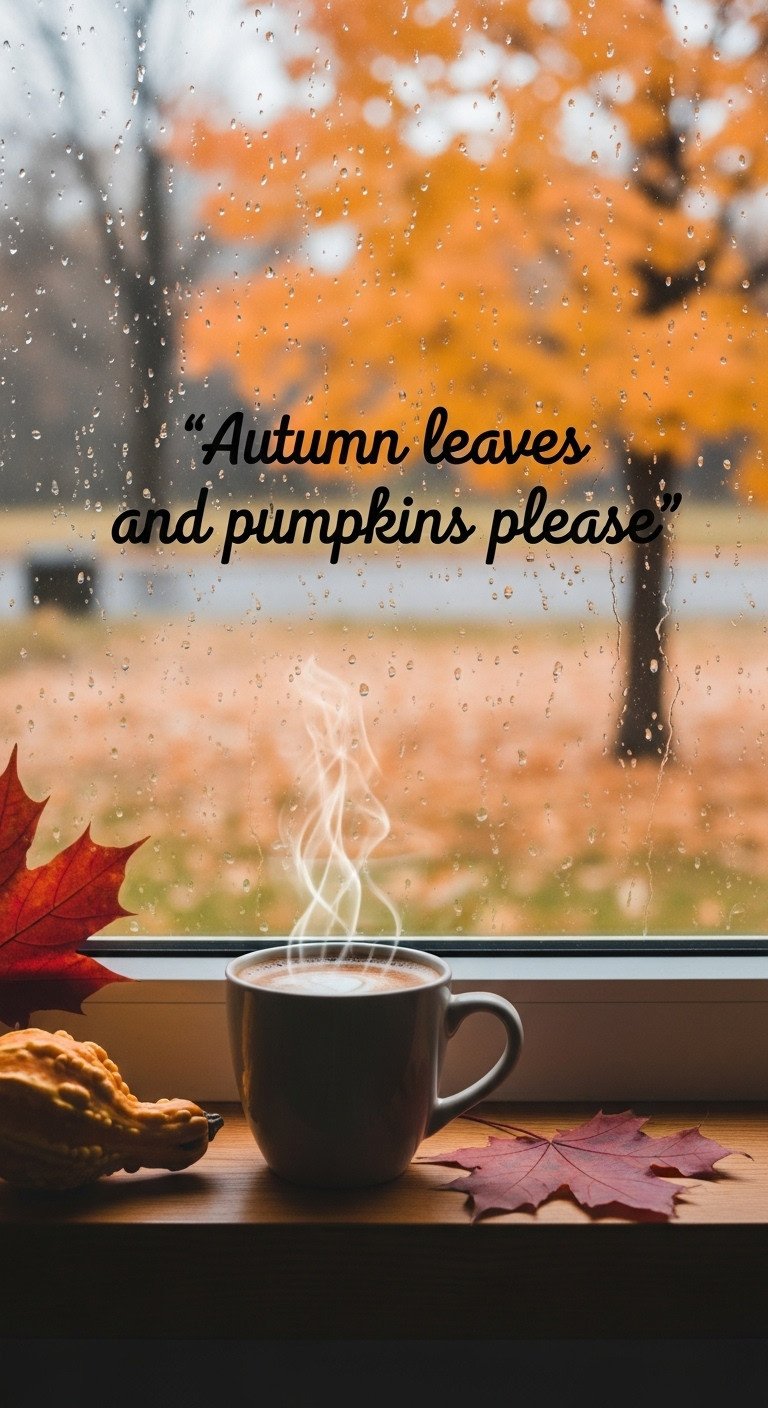 Steaming coffee mug on windowsill looking out onto a beautiful autumn scene with colorful leaves and raindrops
