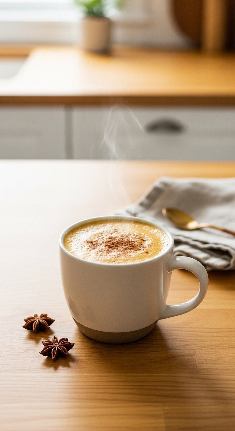 Steaming dairy-free pumpkin coffee in ceramic mug, cinnamon dusting, plant-based. Wood surface, linen napkin, star anise, warm kitchen.
