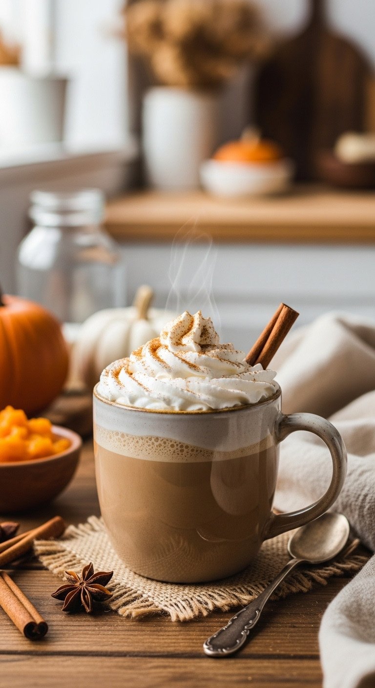 Steaming homemade Pumpkin Spice Latte in a cozy ceramic mug with whipped cream and pumpkin spice on a rustic table in a fall kitchen.