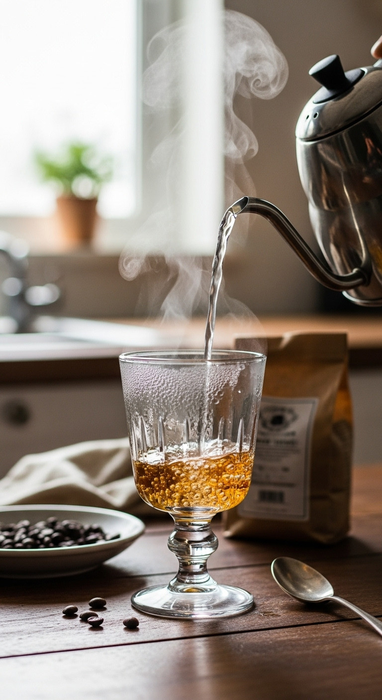 Steaming hot water being poured into an elegant stemmed glass chalice on a dark rustic wooden table in a blurred kitchen