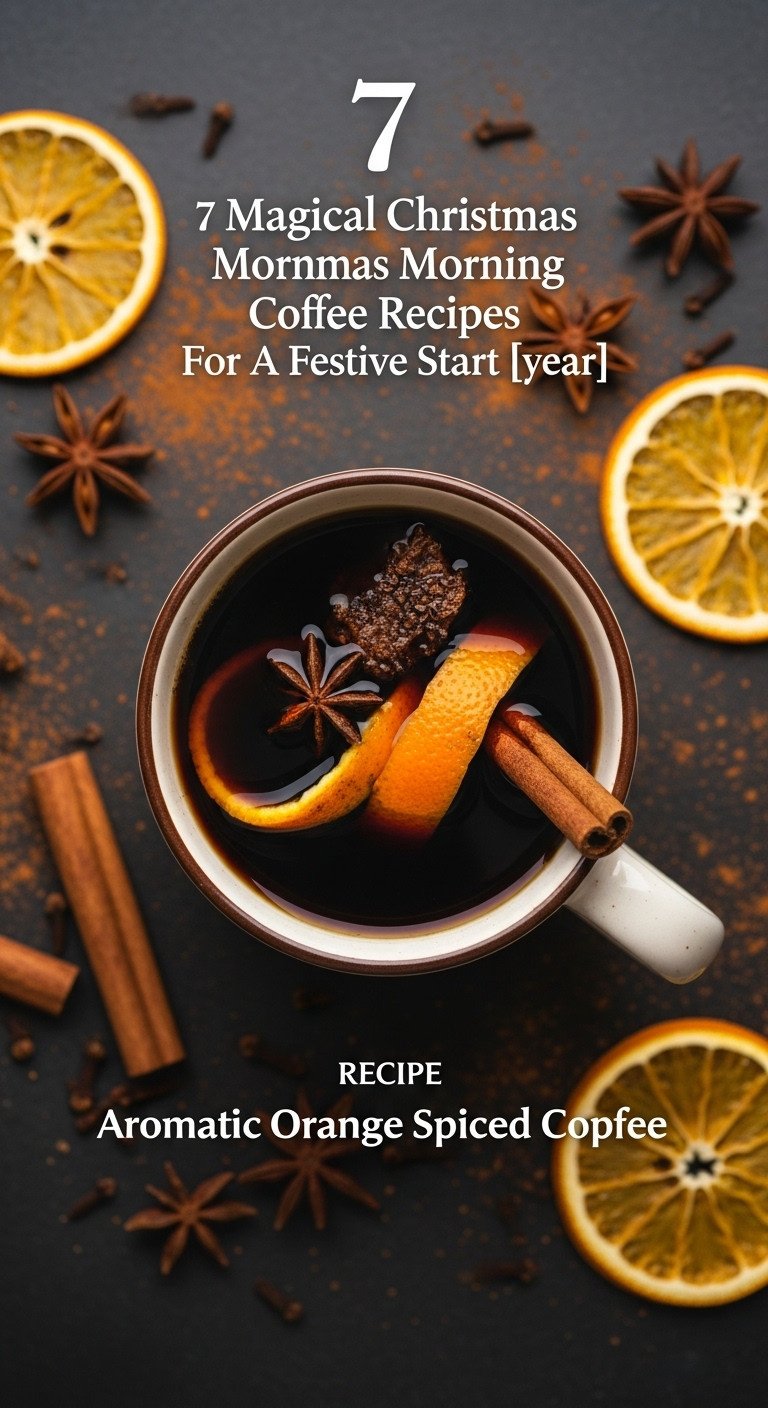 Steaming mug of black Orange Spiced Coffee garnished with orange peel and cinnamon stick on a dark textured surface