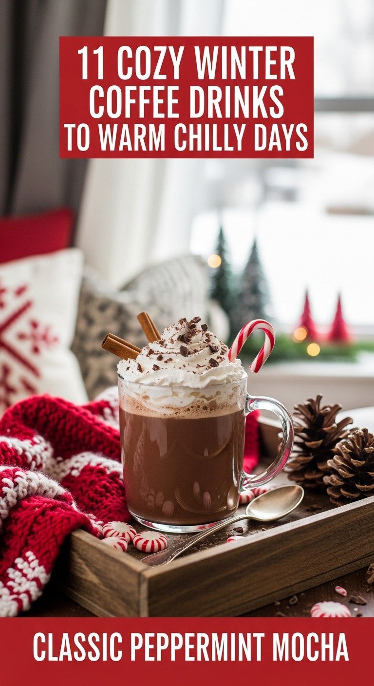 Steaming peppermint mocha with whipped cream, chocolate, and candy cane garnish on a rustic tray by a snowy window