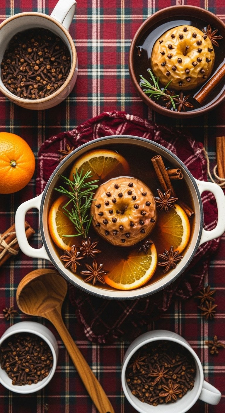 Steaming pot of Wassail with baked apples orange slices and cinnamon sticks on a festive plaid tablecloth with ceramic mugs