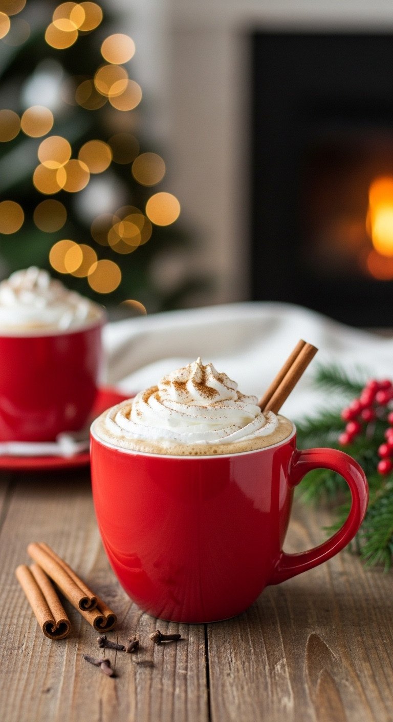 Steaming spiced Christmas coffee in a red mug with whipped cream and cinnamon on a rustic table