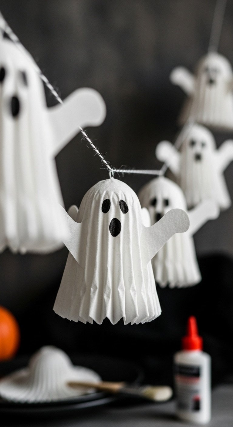 Stiffened 3D coffee filter ghost garland with drawn faces hanging against a dark textured wall