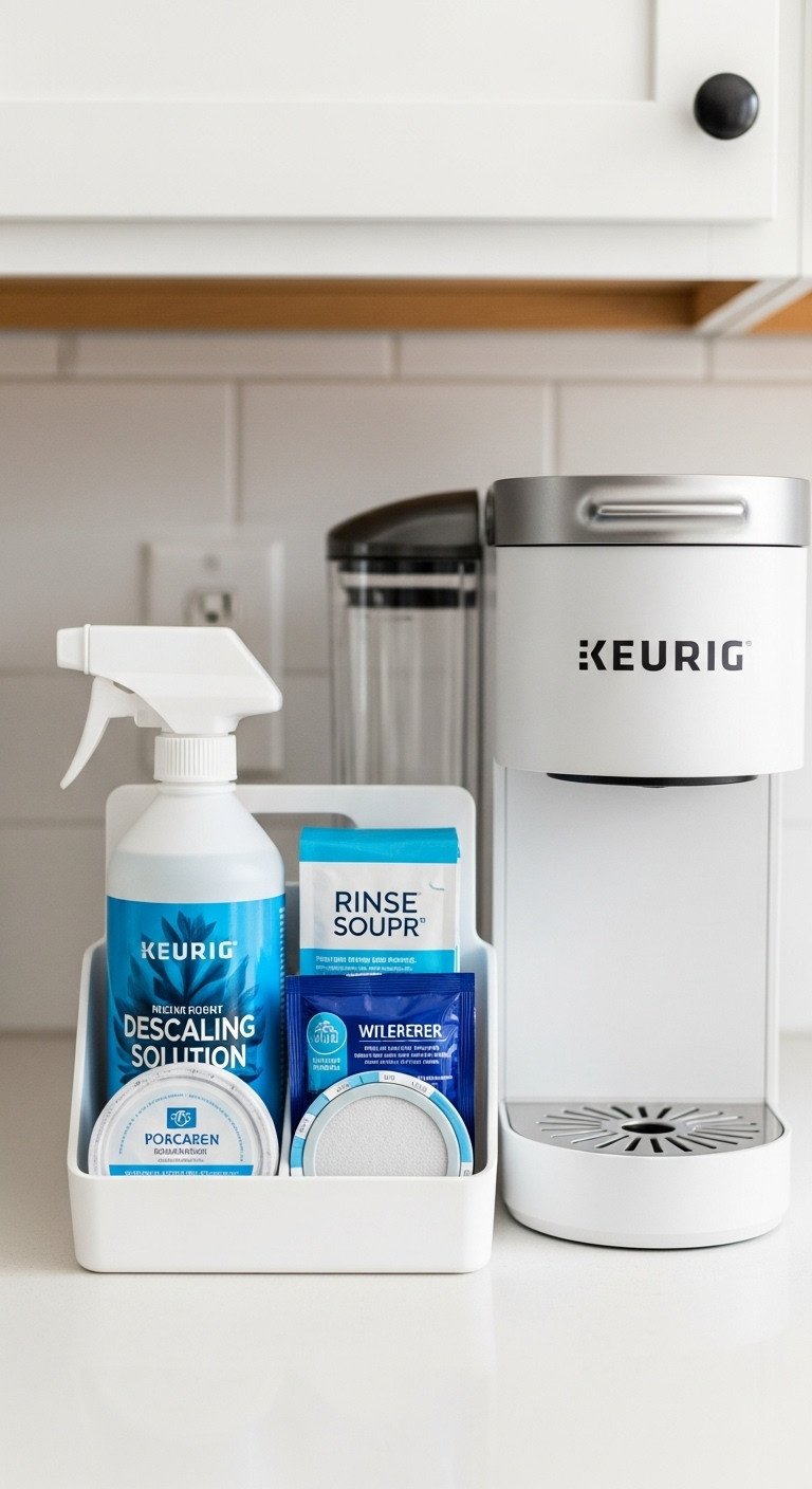 Storage caddy with Keurig descaling solution rinse pods and replacement water filters next to a clean Keurig machine