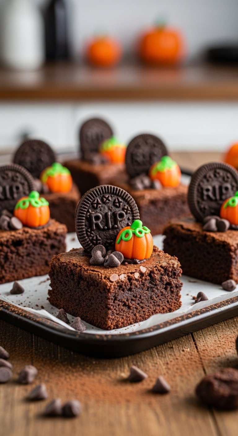Stormy Espresso Brownie with Milano cookie tombstone and candy pumpkin on rustic wooden table for Halloween party