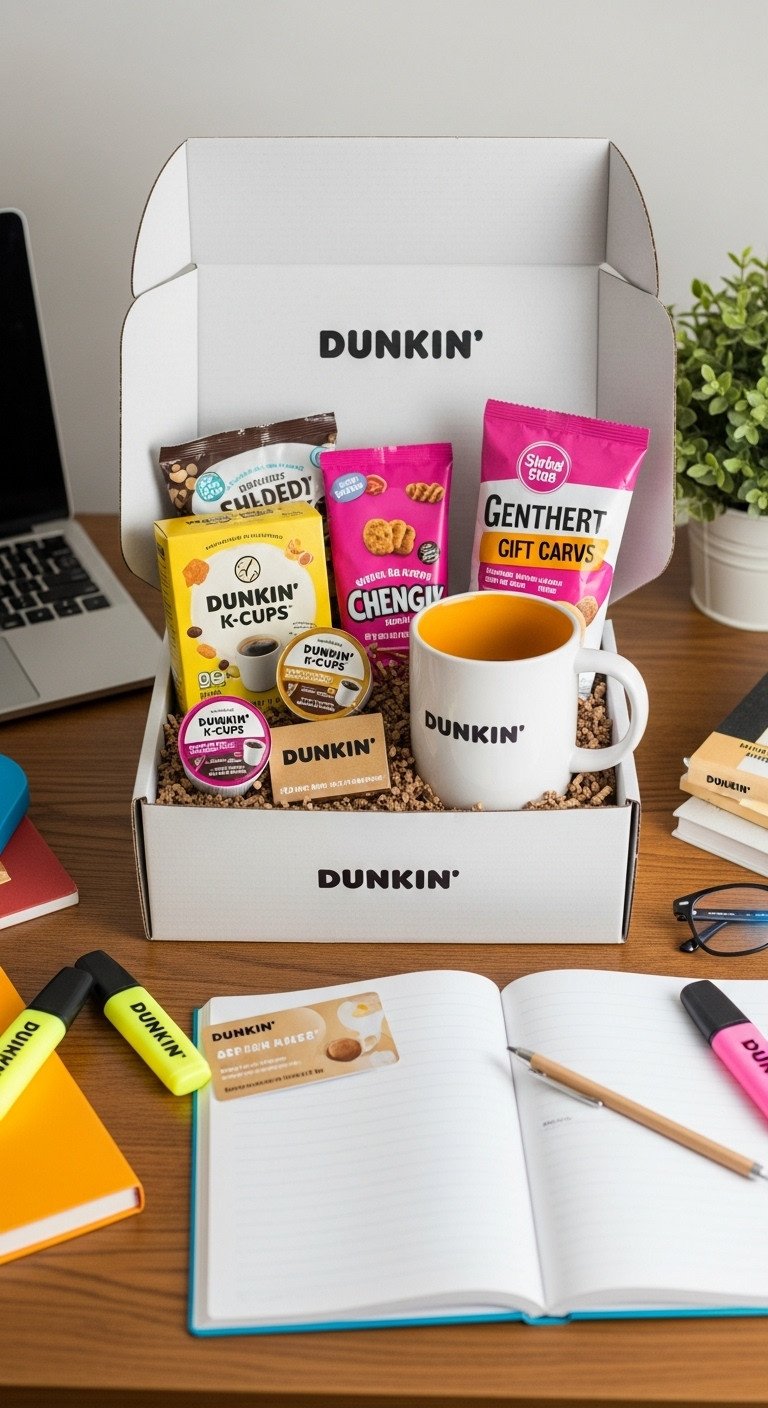 Student study fuel Dunkin box with K-Cups snacks mug and gift card on a desk with textbooks and laptop