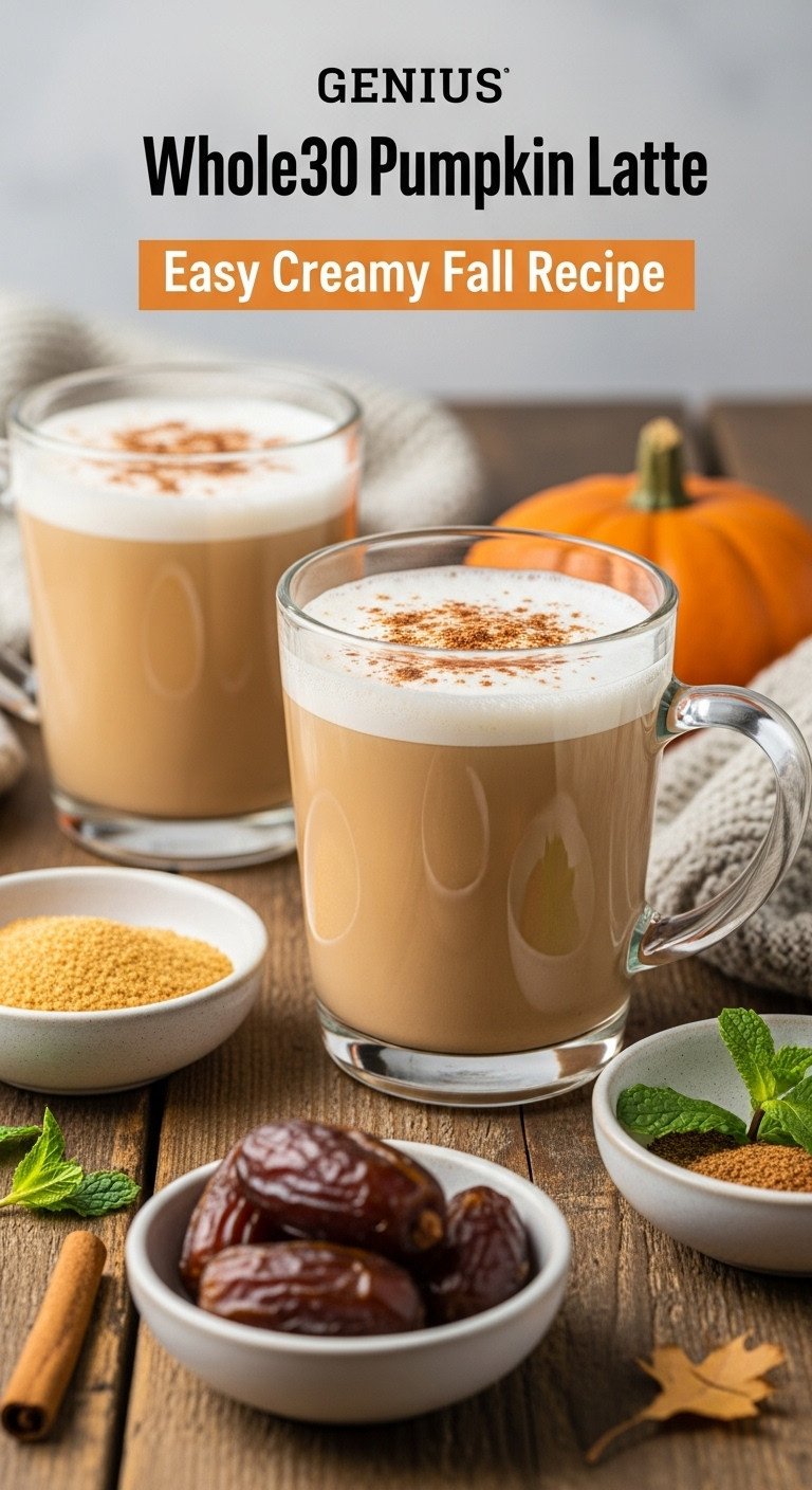 Styled Whole30 pumpkin latte with spice garnish, alongside collagen, dates, and mint on a rustic table with fall leaves; healthy autumn drink.
