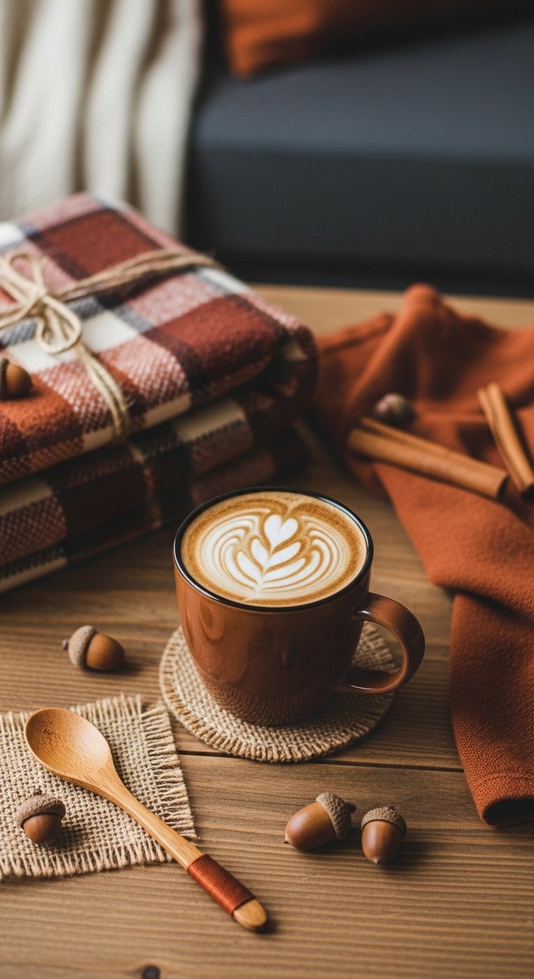 13 Cozy Pumpkin Coffee Aesthetic Ideas for Fall Vibes 9 Styled coffee scene with warm textures mug of coffee flannel blanket burlap coaster wooden spoon and scattered acorns on a rustic wooden table