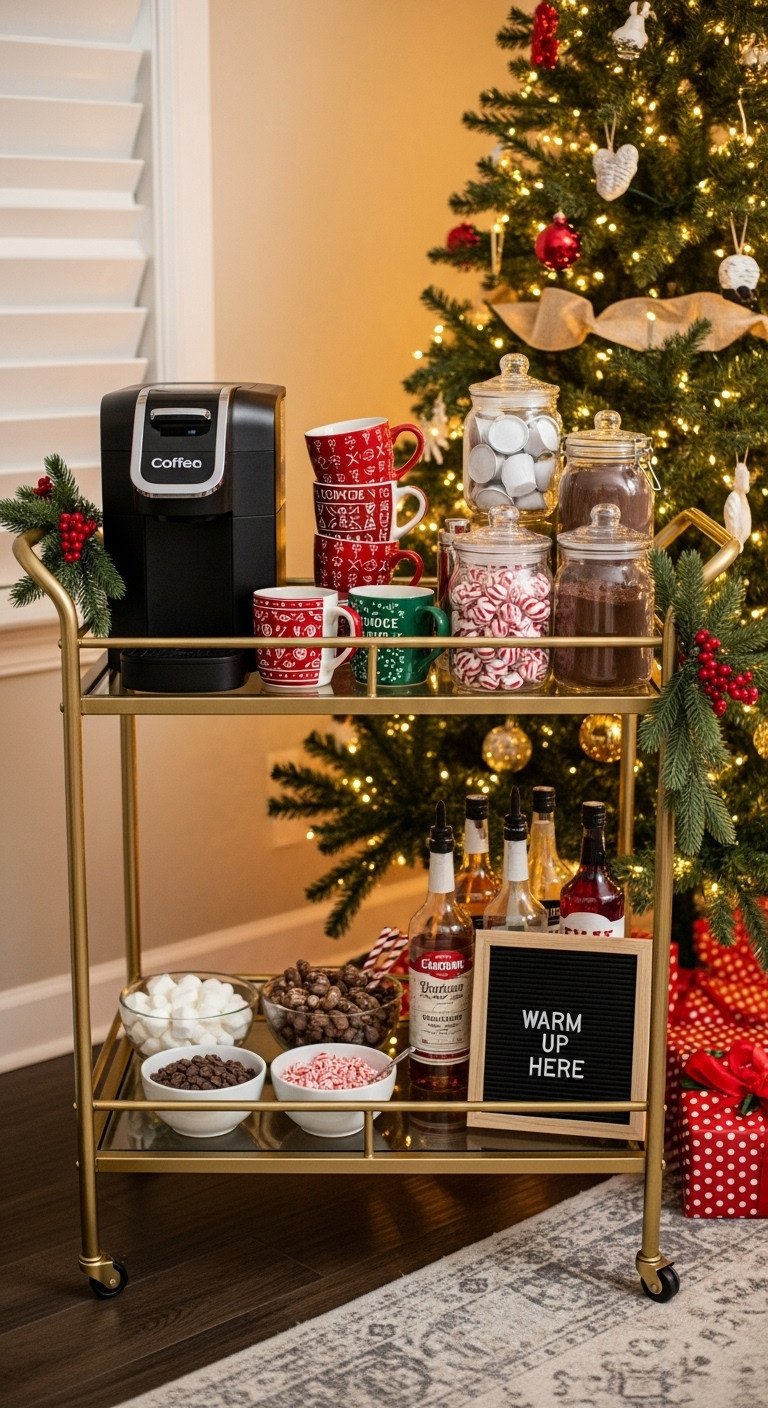 Stylish DIY holiday coffee and hot cocoa bar cart with festive mugs and toppings next to a Christmas tree. Cozy beverage station.