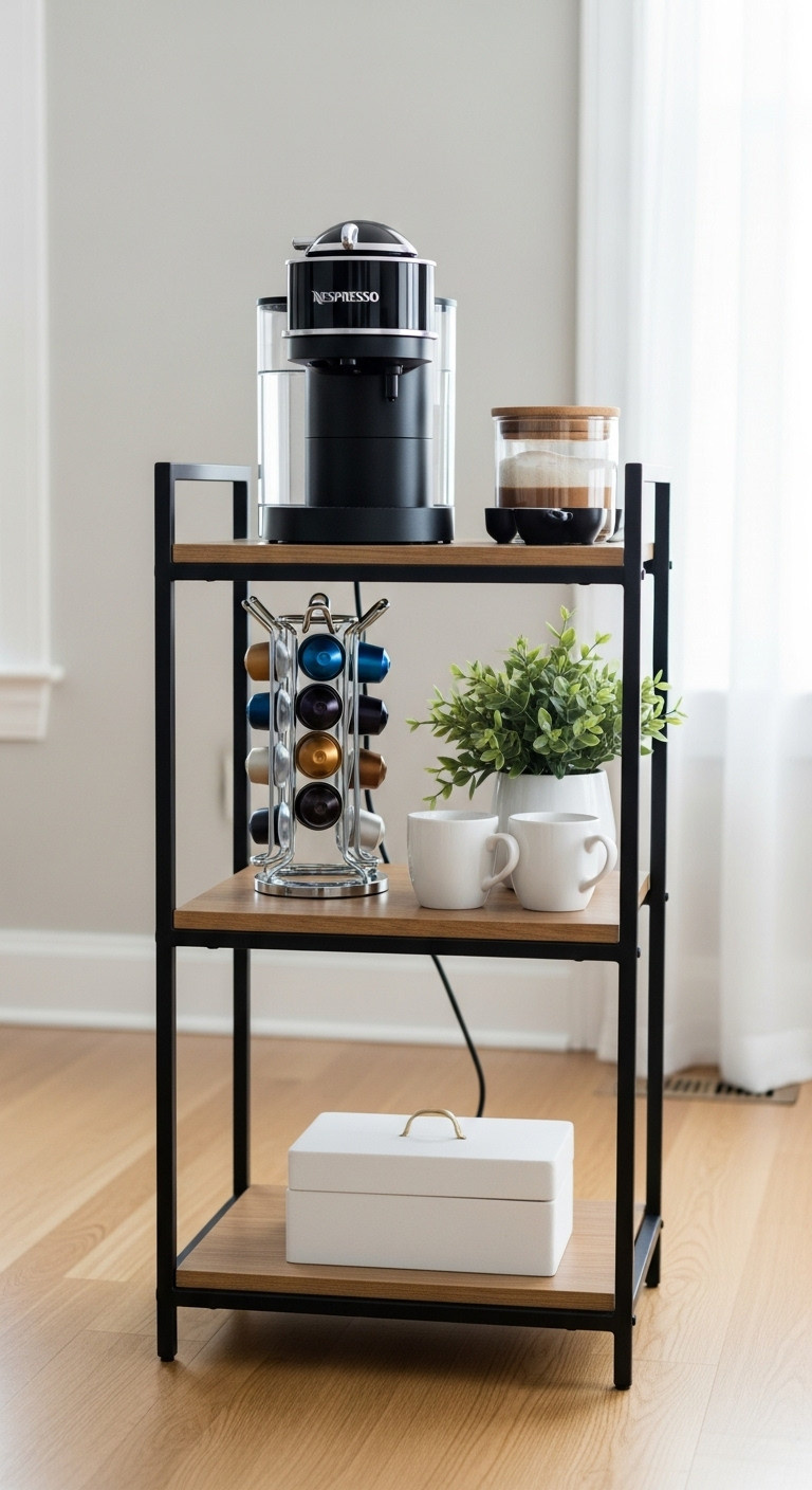 Stylish Nespresso Vertuo coffee bar on a three-tiered modern farmhouse cart with pod holder mugs and plant in a cozy living room