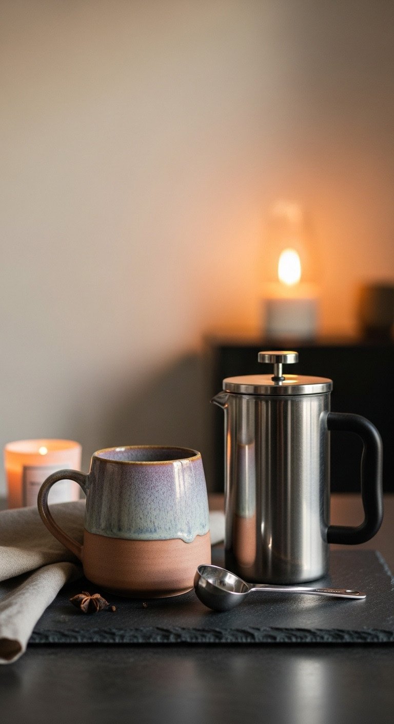 Stylish ceramic coffee mug, sleek stainless steel French press, and high-quality coffee scoop on dark slate with linen napkin and candle