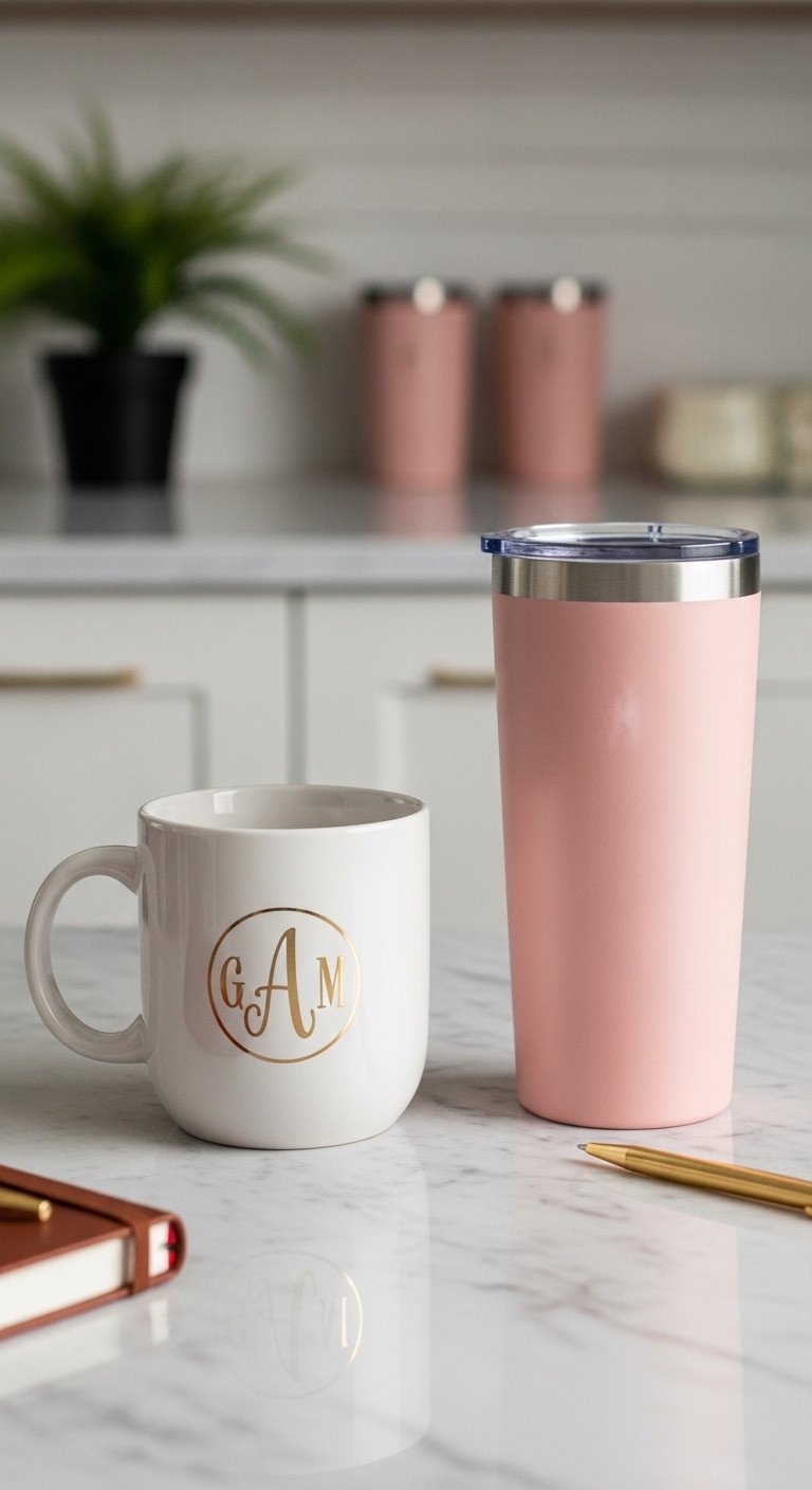 Stylish ceramic mug with monogram A and matching insulated travel tumbler on marble countertop with journal and pen