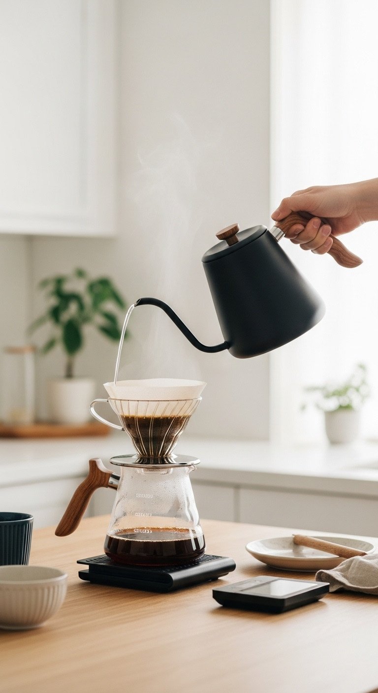 Stylish matte black electric gooseneck kettle pouring hot water into a glass pour-over coffee dripper on a wooden countertop