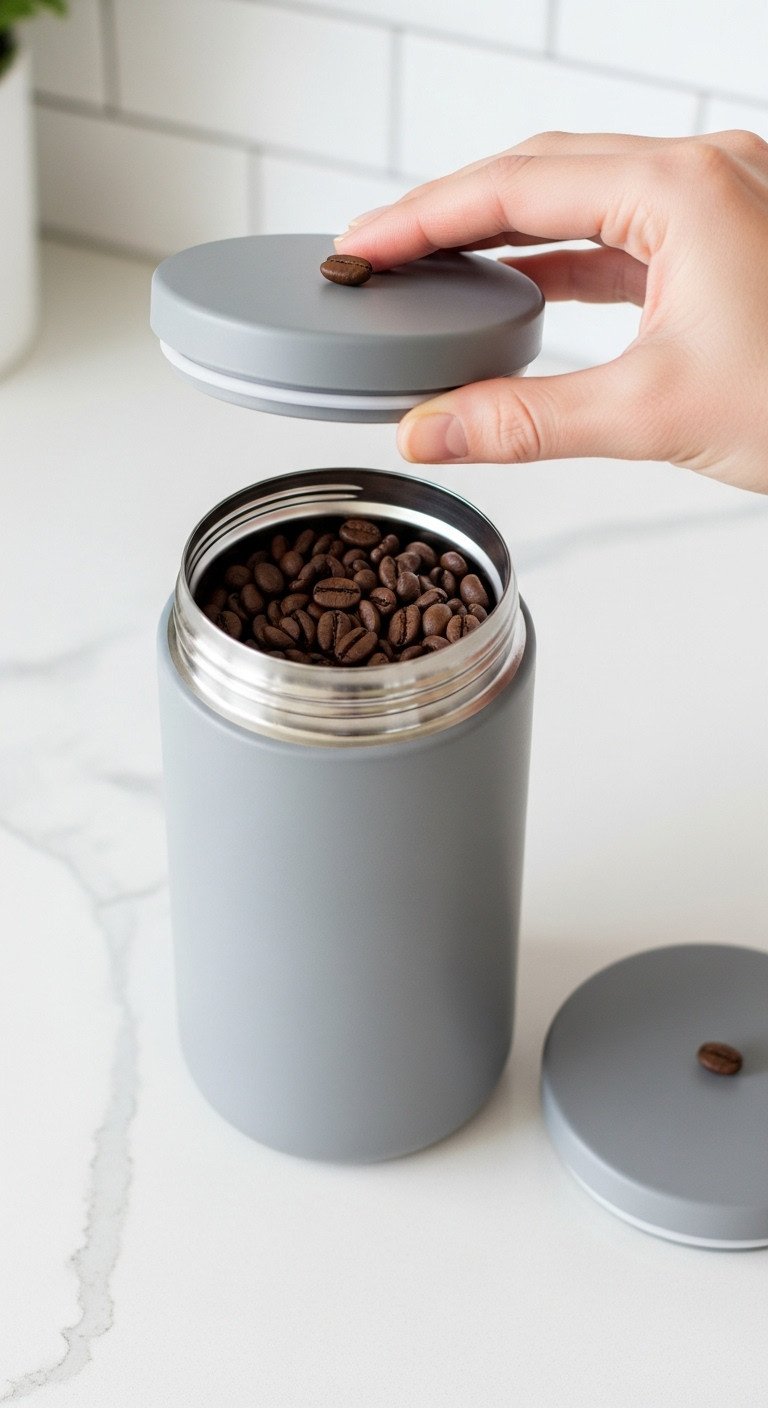 Stylish matte gray vacuum-sealed coffee canister being opened to reveal fresh dark-roasted coffee beans on a white quartz countertop