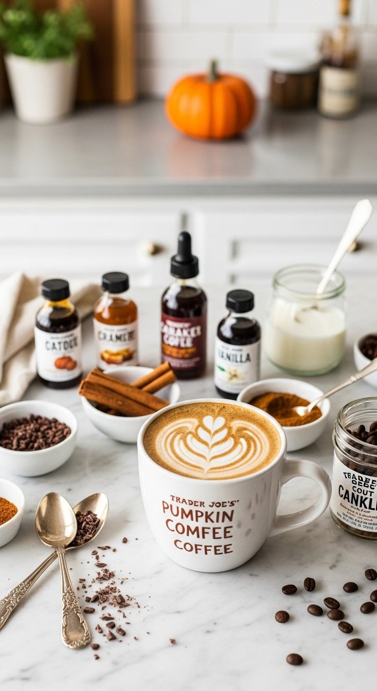 Stylized Trader Joe's Pumpkin Coffee with frothed milk & gourmet add-ins: syrups, cinnamon, creamer, chocolate shavings on marble. DIY fall coffee.