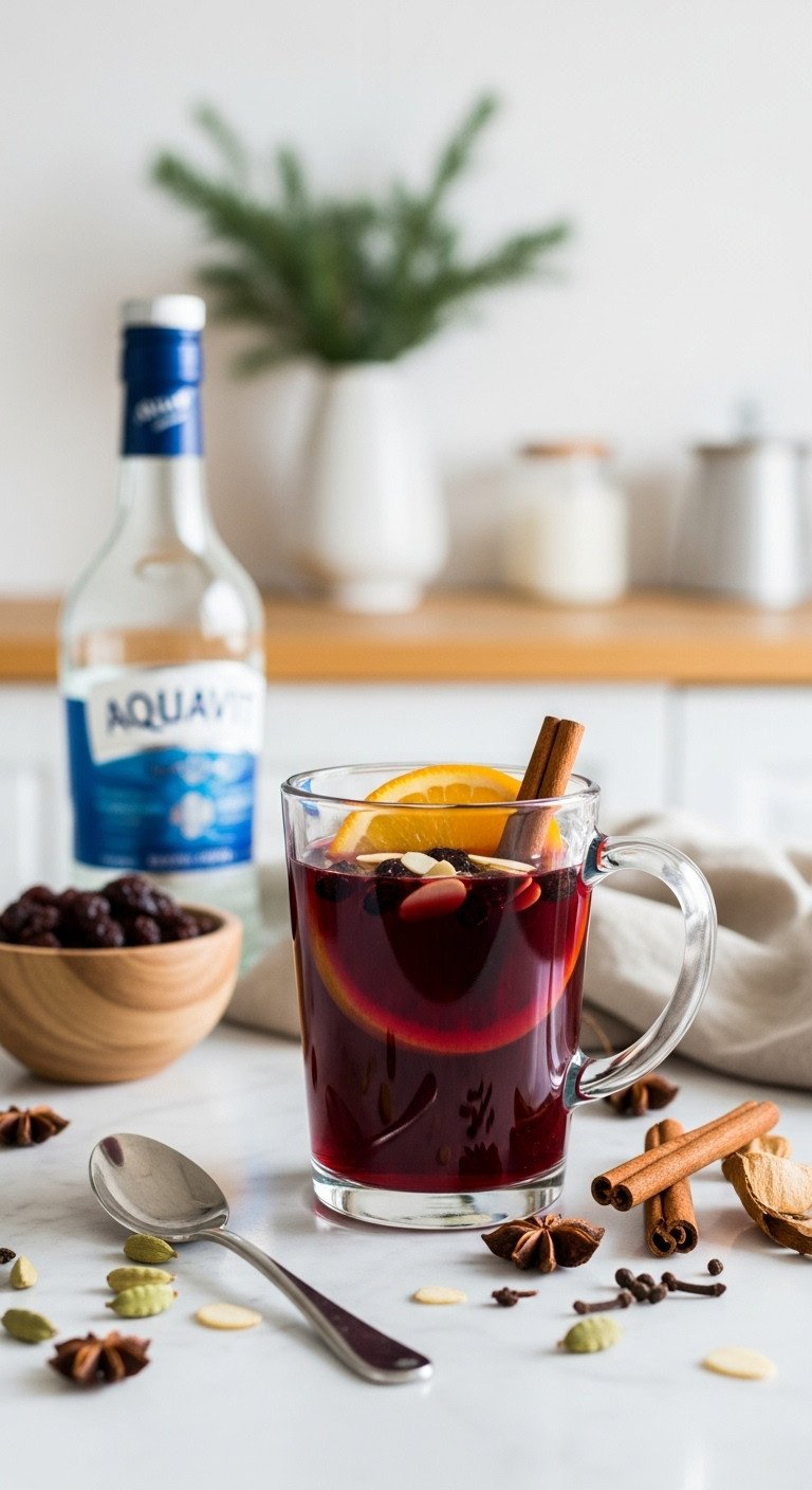 Swedish Glogg in a clear glass mug with raisins almonds and orange slice on a white marble countertop with Scandinavian decor