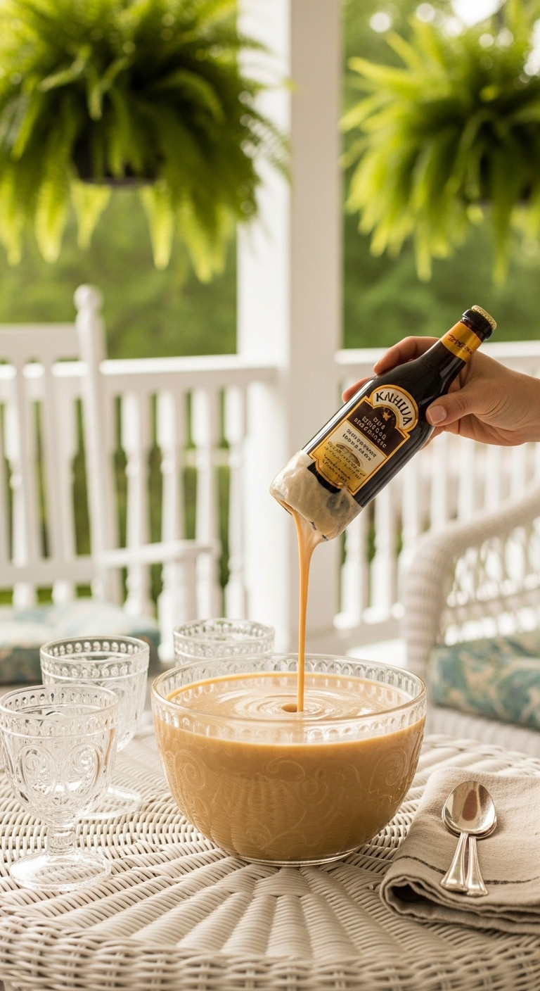 Sweet Southern classic coffee punch in a vintage bowl on a white wicker porch table with rocking chair and ferns in golden hour light