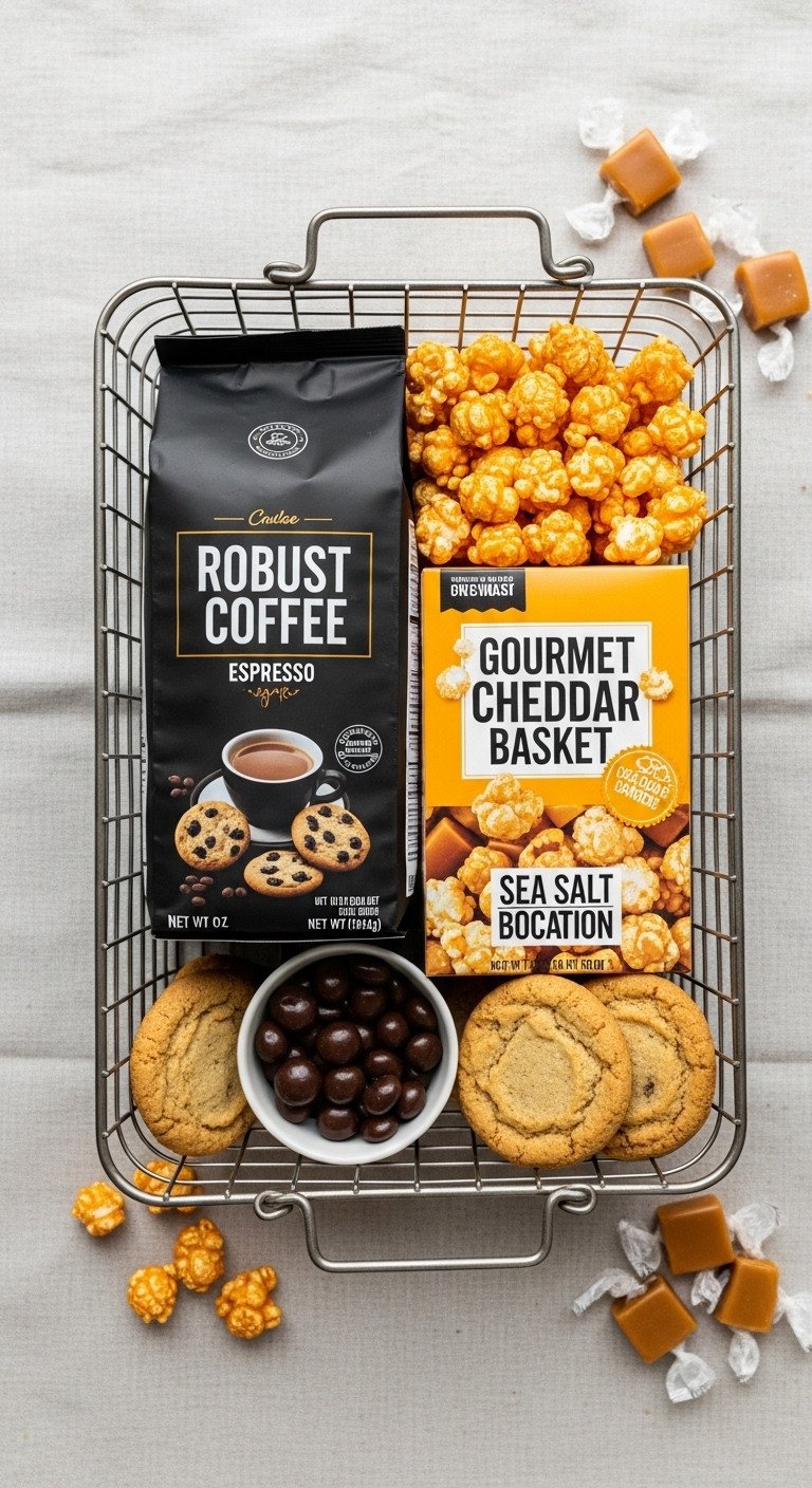 Sweet and Savory Basket with robust coffee chocolate covered espresso beans cookies gourmet cheddar popcorn and sea salt caramels on a linen tablecloth