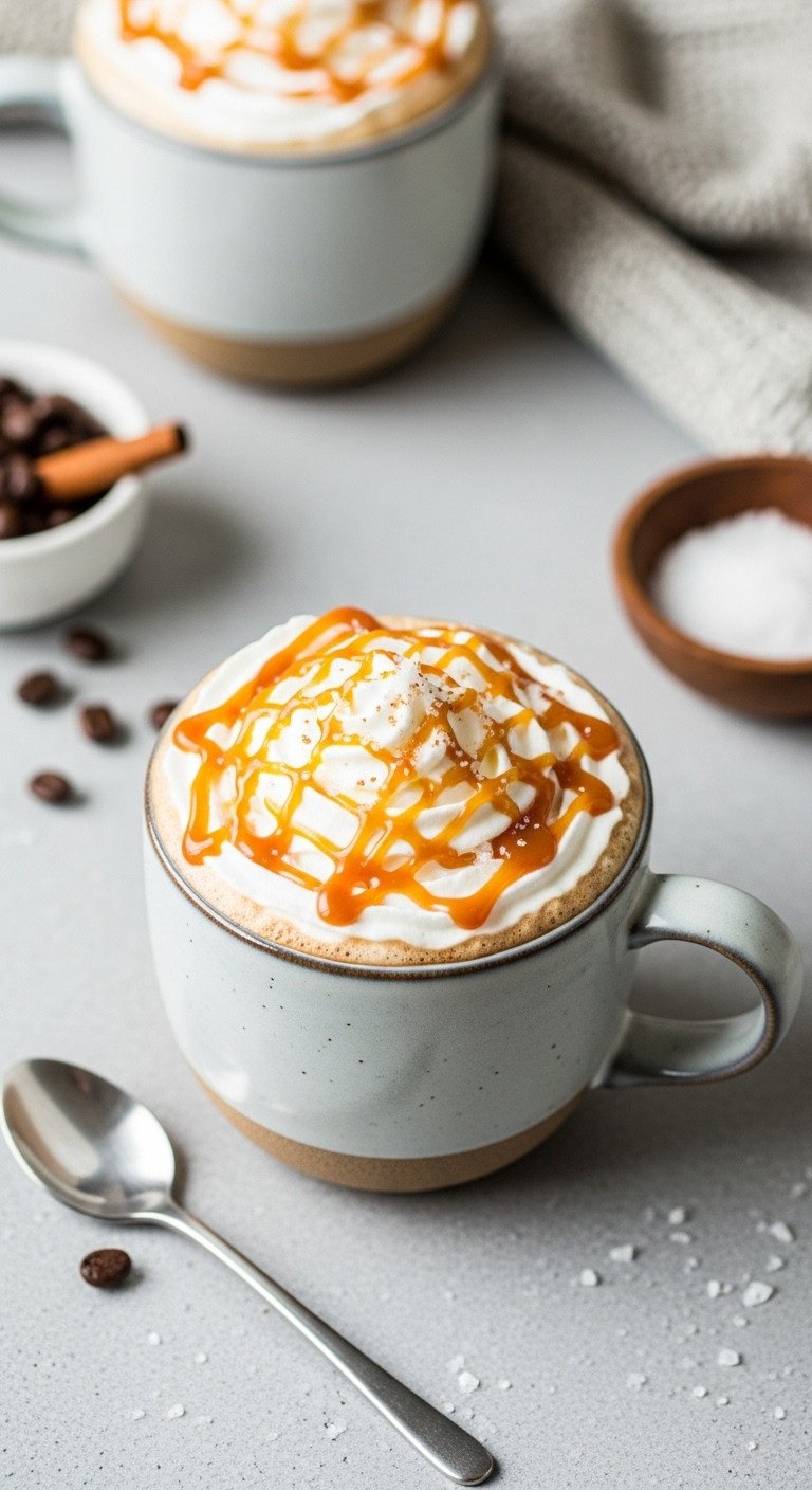 Sweet and salty caramel mocha with whipped cream, caramel drizzle, and sea salt flakes on concrete