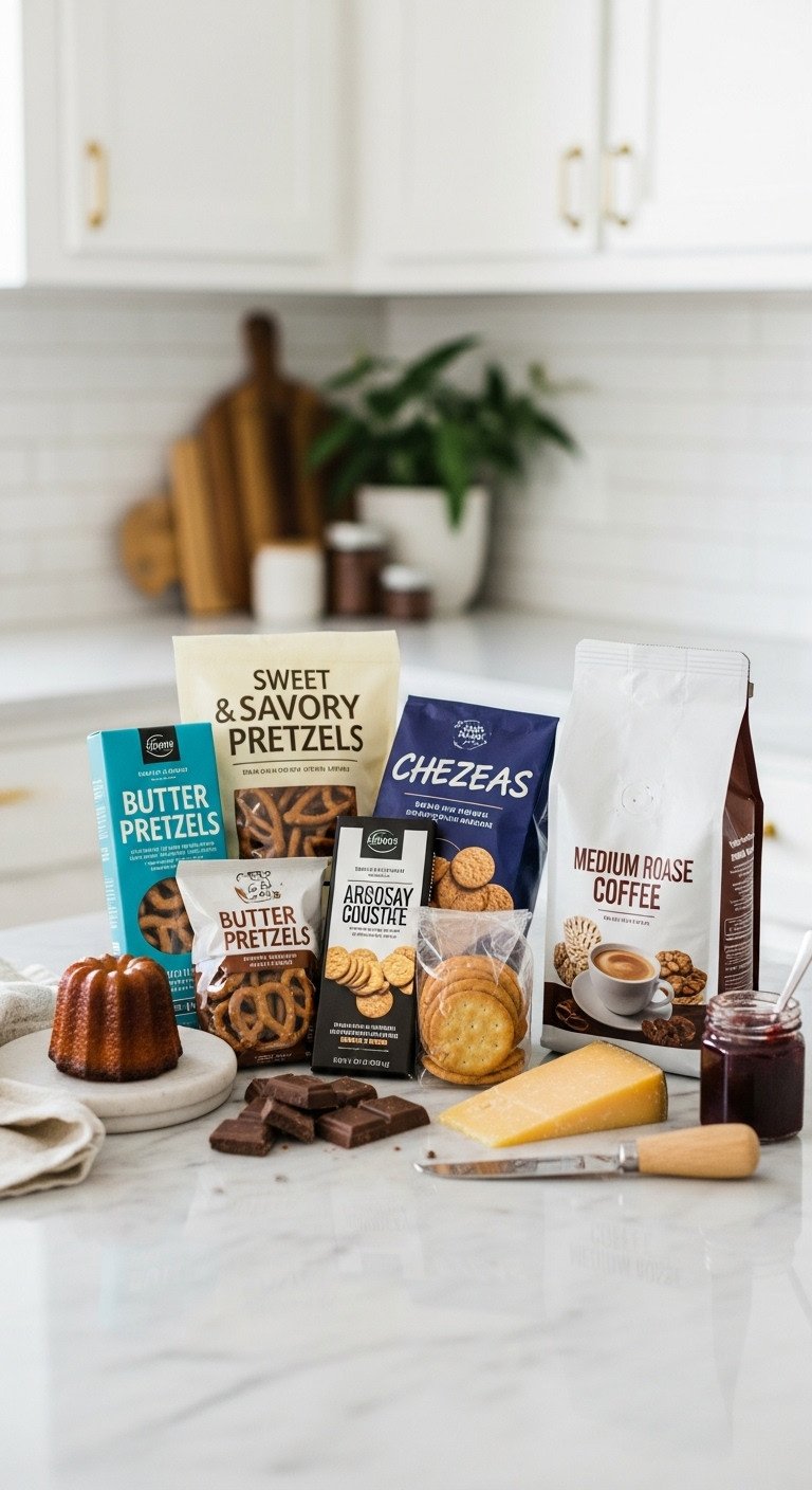 Sweet and savory coffee break gift basket with rum cake pretzels chocolate bars crackers and coffee on a marble countertop