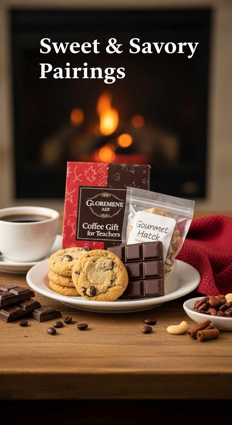 Sweet and savory coffee gift basket for teachers with gourmet cookies dark chocolate and nuts on a rustic wooden table