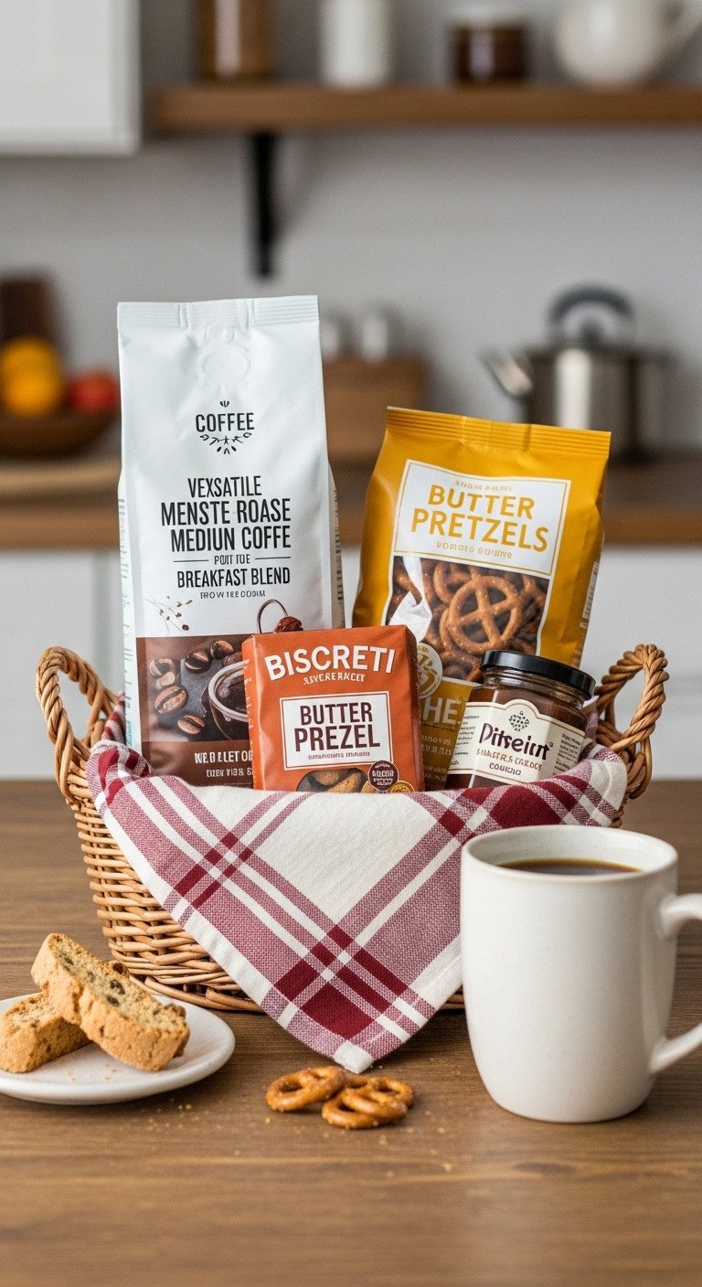 Sweet and savory sampler coffee gift basket for men with medium roast coffee biscotti pretzels and caramel sauce in a wicker basket