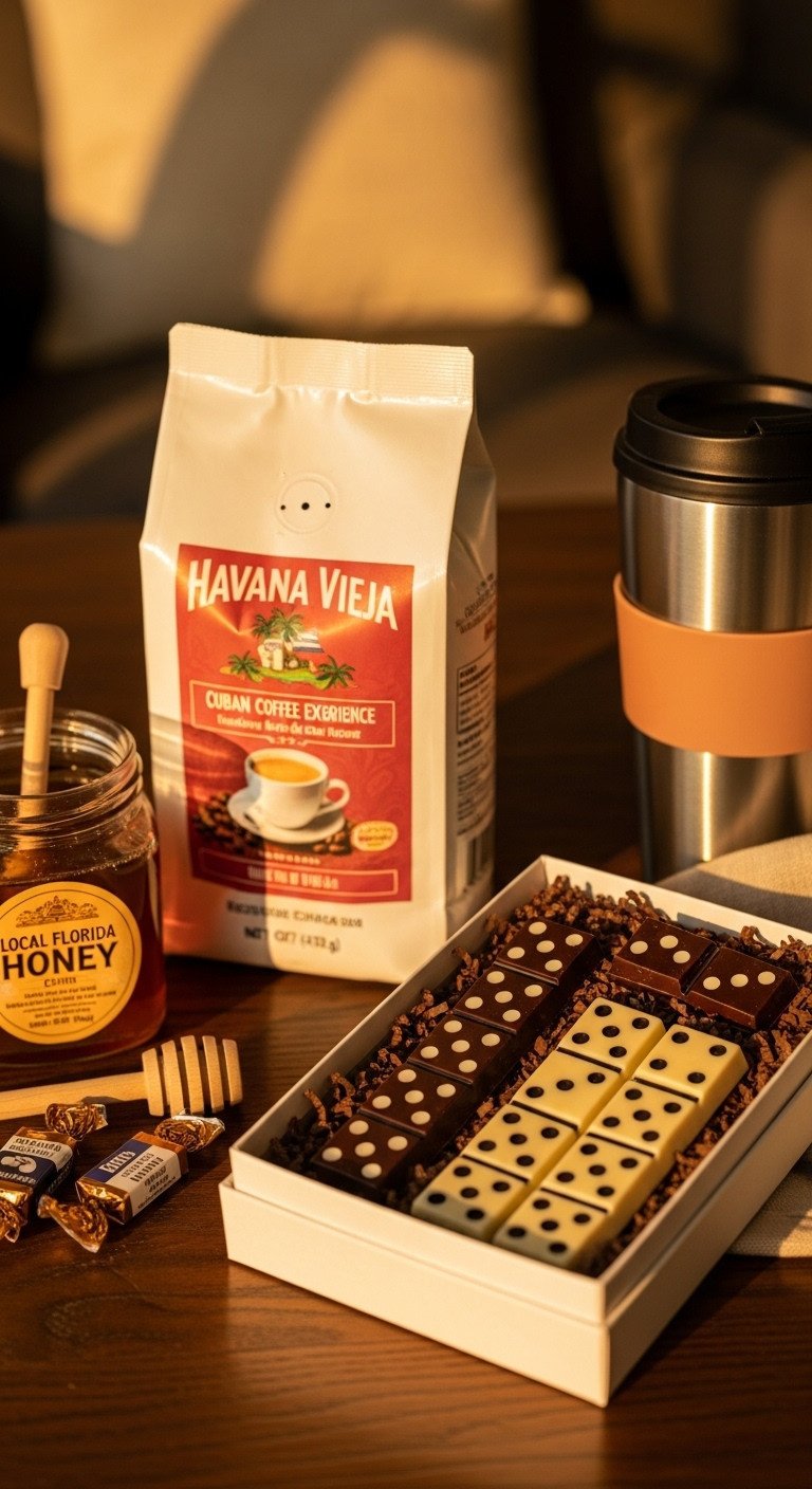 Sweet and strong Cuban coffee experience gift with Havana Vieja coffee honey caramel candies and chocolate dominoes