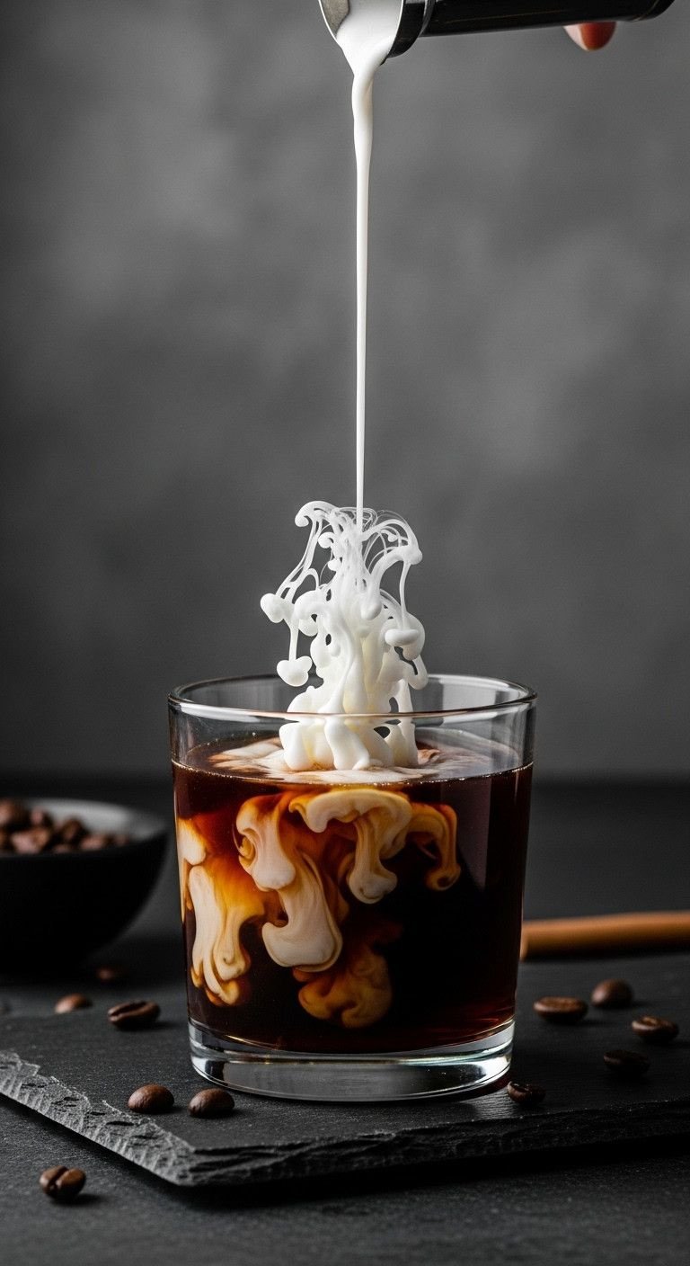 7 Brilliant Sugar Free Iced Coffee Recipes At Home 9 Sweet cream cold brew in glass tumbler, white cream cascading into dark coffee, wispy patterns. Coffee beans on dark slate.