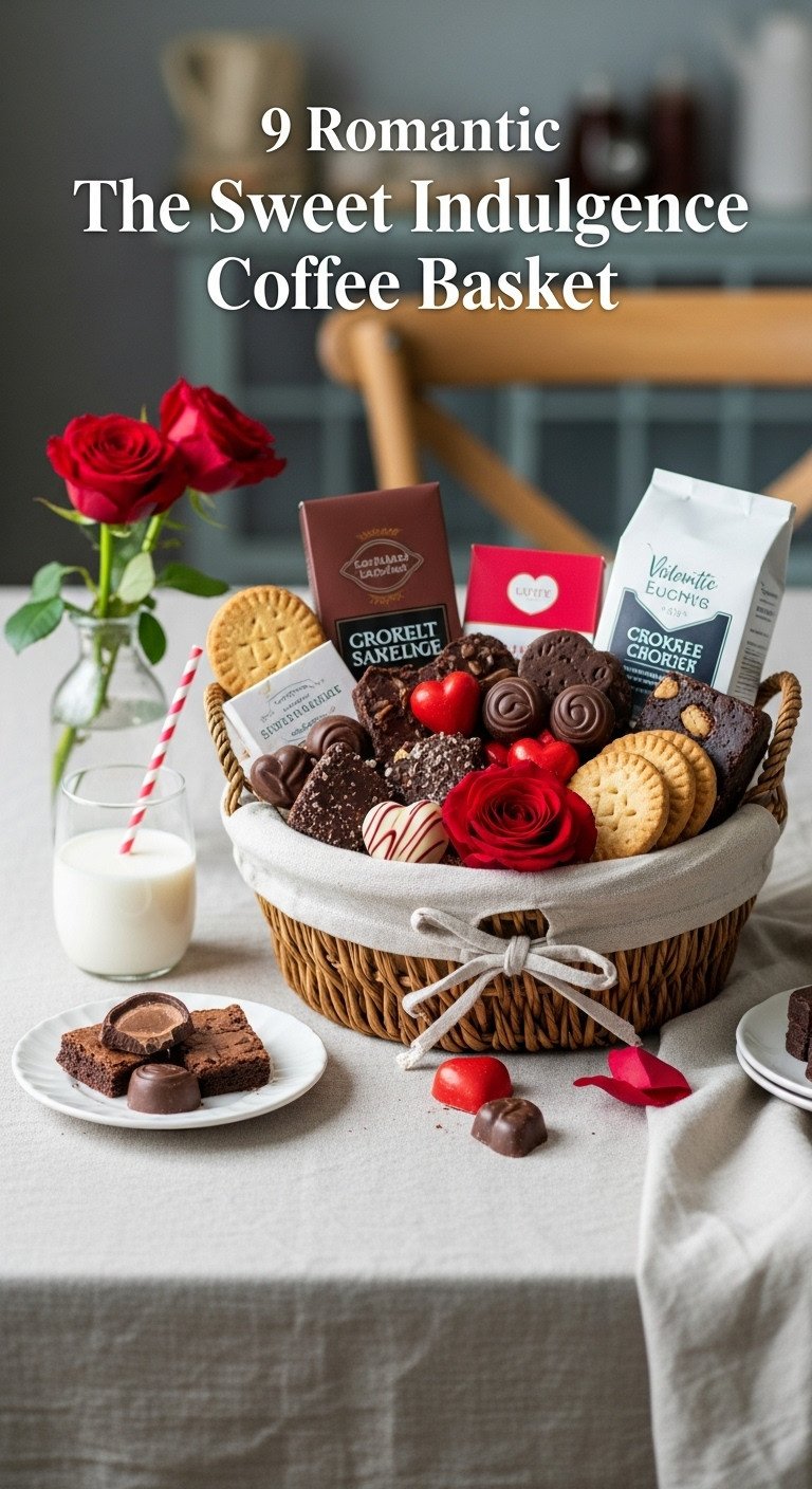 Sweet indulgence coffee Valentine's Day gift basket with gourmet coffee heart-shaped chocolates brownies and biscuits