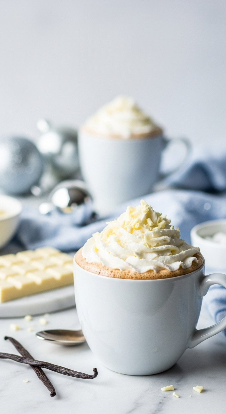 Sweet toasted white mocha in a sleek white mug with whipped cream and white chocolate shavings on marble