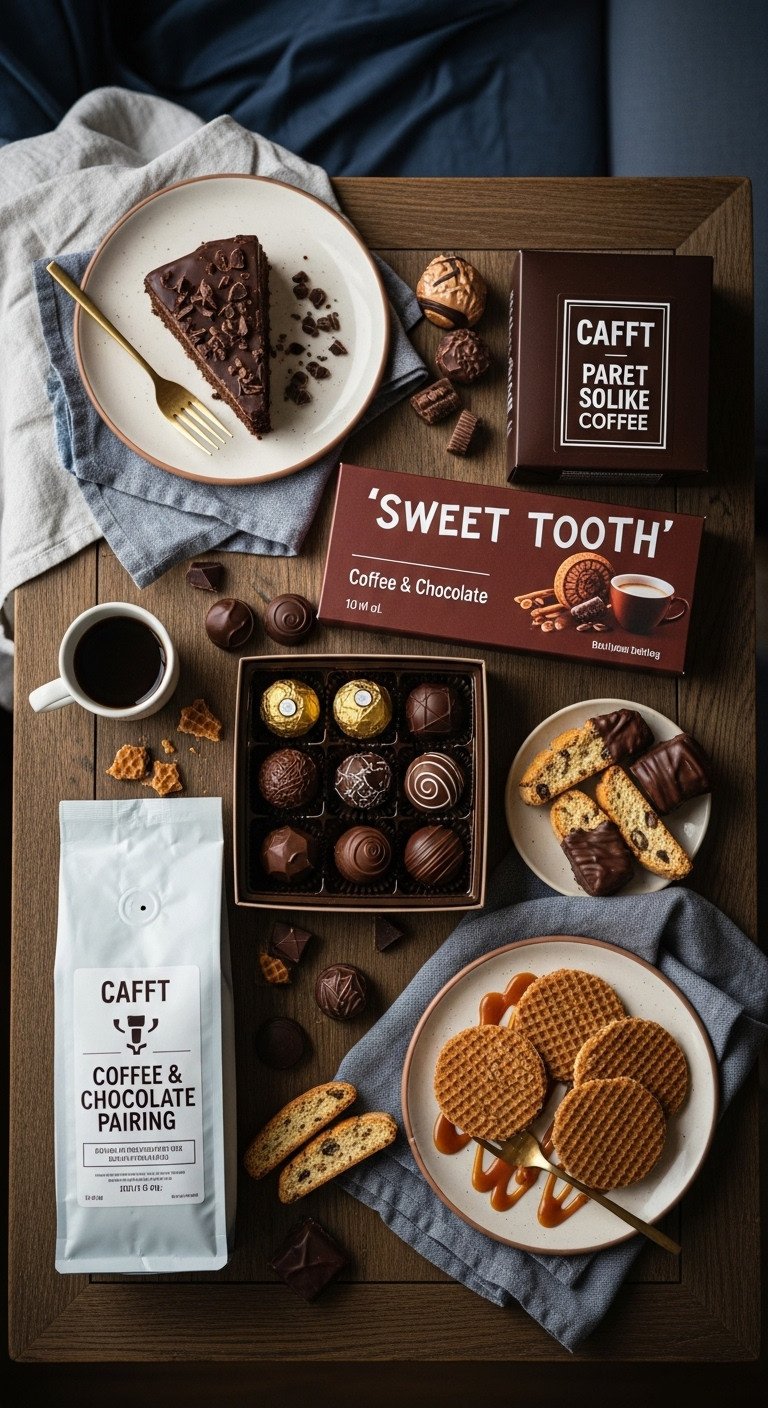 Sweet tooth coffee and chocolate pairing gift basket for women with chocolate coffee truffles and biscotti on a wooden table