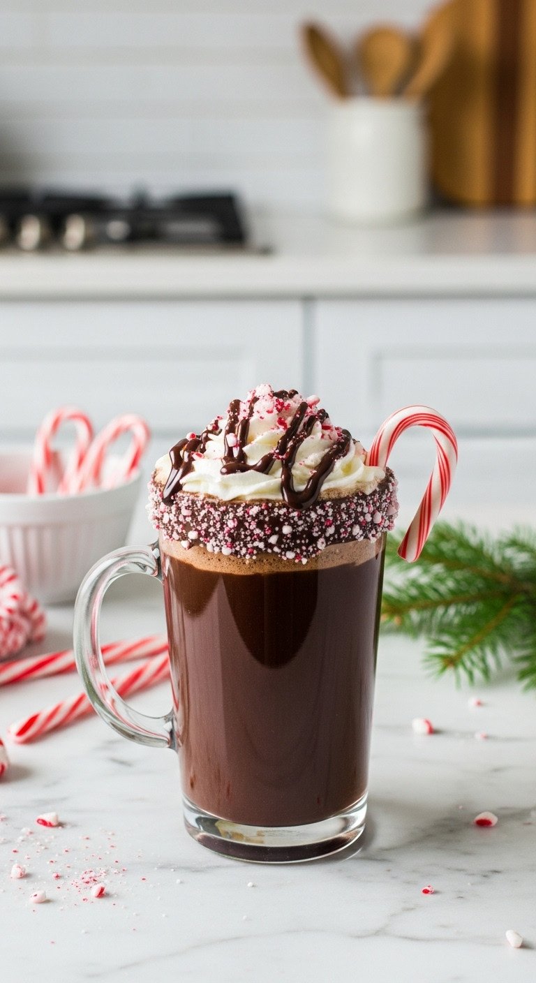 Tall glass mug of spiked peppermint mocha with whipped cream, chocolate, and crushed candy canes on white marble