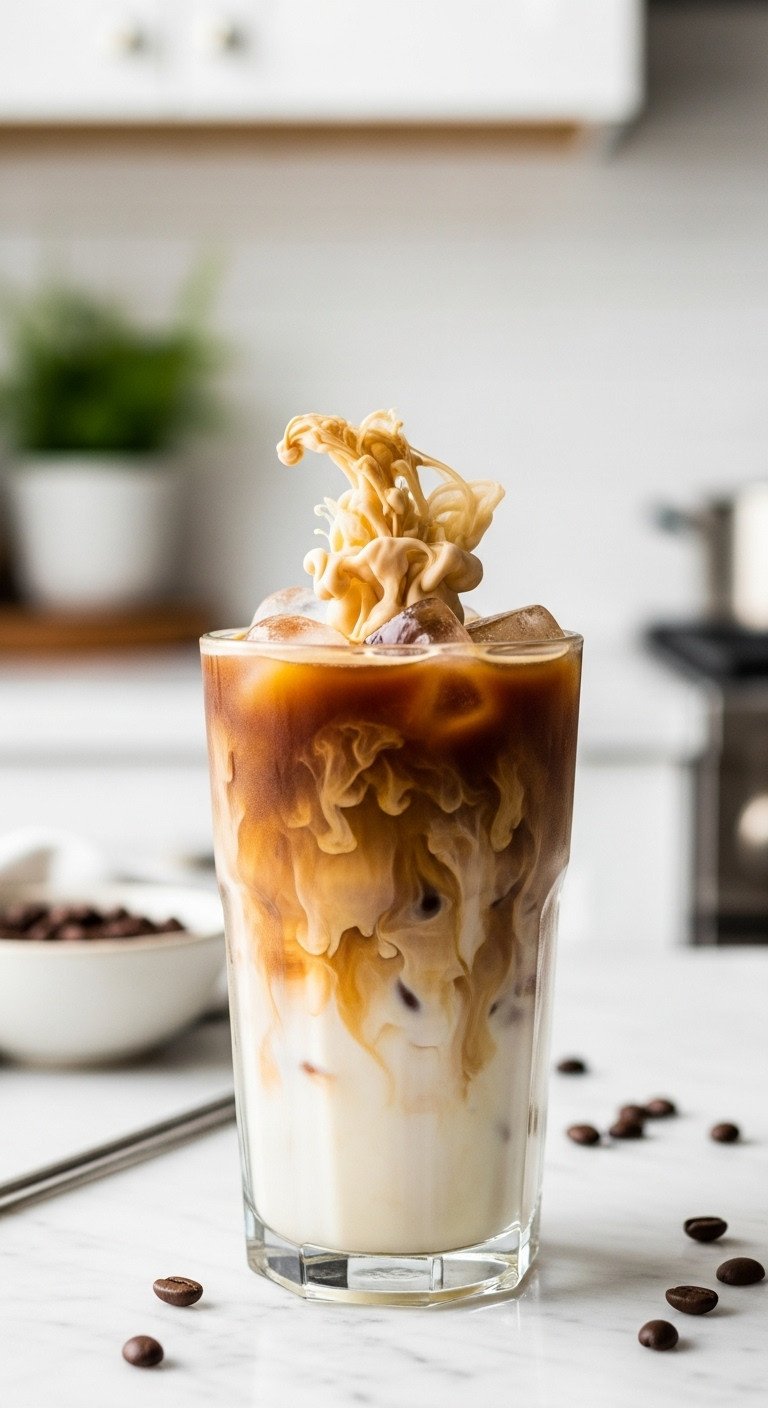The Perfect Iced Coffee Recipe That Never Gets Watery 1 Tall glass of classic iced coffee with creamy milk swirling into dark coffee, ice cubes, metal straw on marble counter.