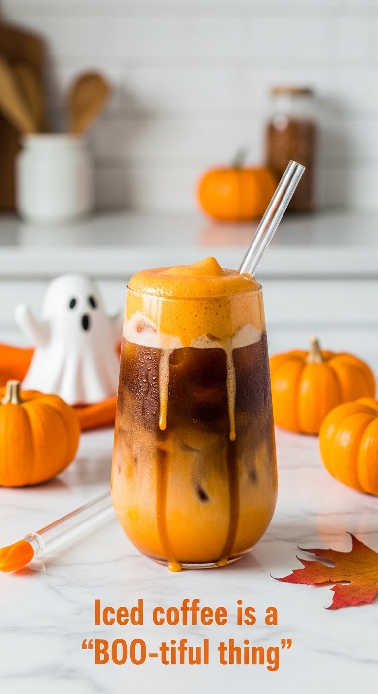 Tall glass of iced pumpkin cream cold brew with condensation on white marble, ghost decoration and mini pumpkins
